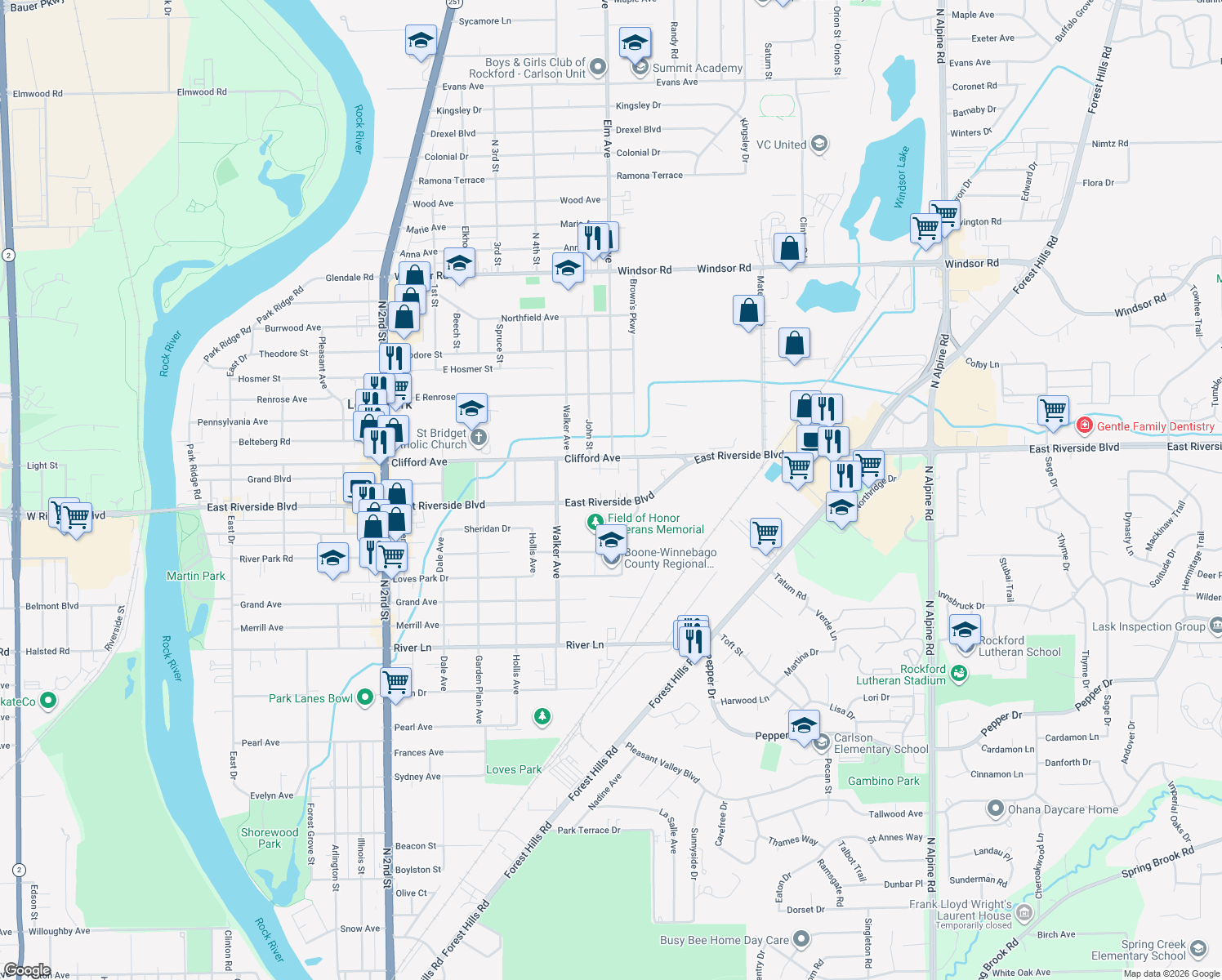 map of restaurants, bars, coffee shops, grocery stores, and more near 934 East Riverside Boulevard in Loves Park