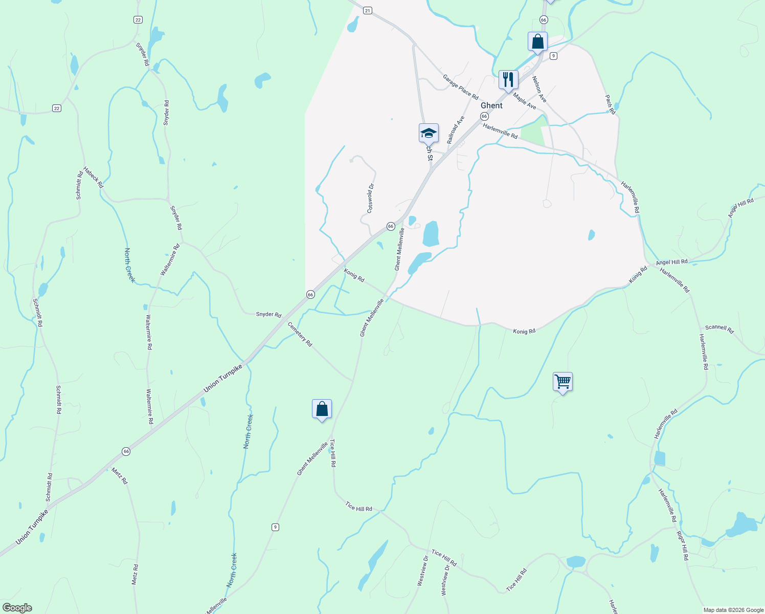 map of restaurants, bars, coffee shops, grocery stores, and more near 48 Konig Road in Ghent