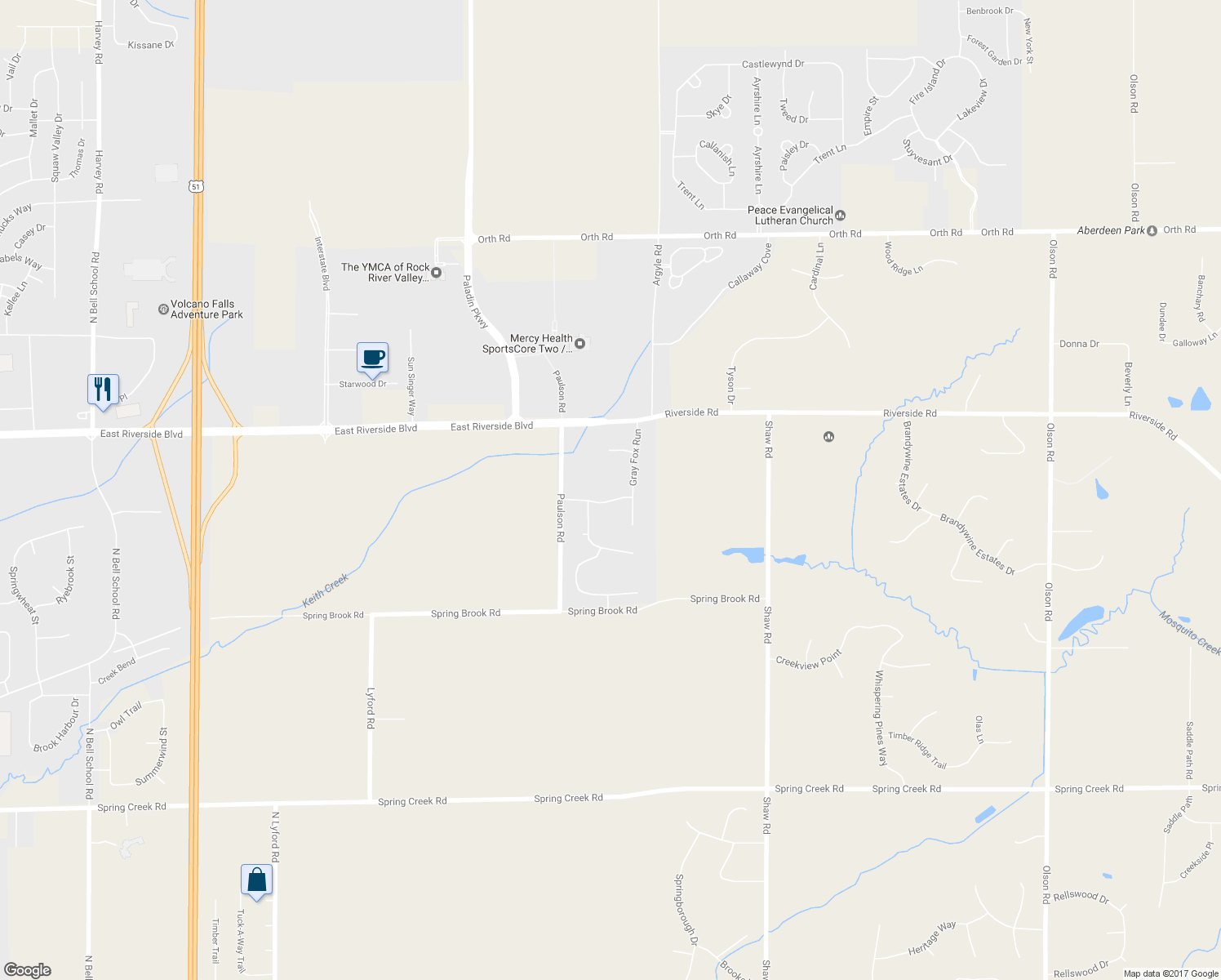 map of restaurants, bars, coffee shops, grocery stores, and more near 8874 Harvest Hills Trail in Rockford