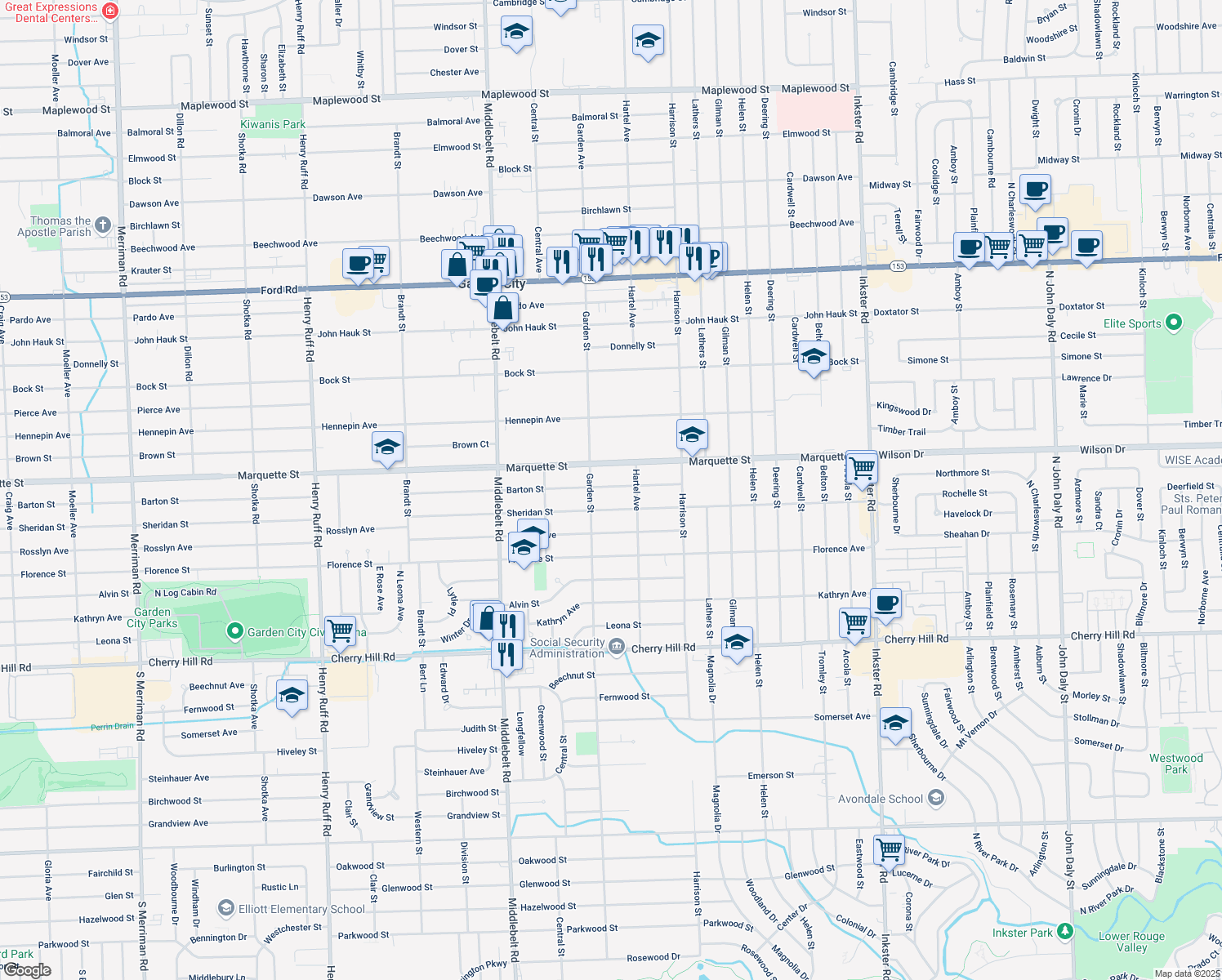 map of restaurants, bars, coffee shops, grocery stores, and more near 28720 Barton St in Garden City