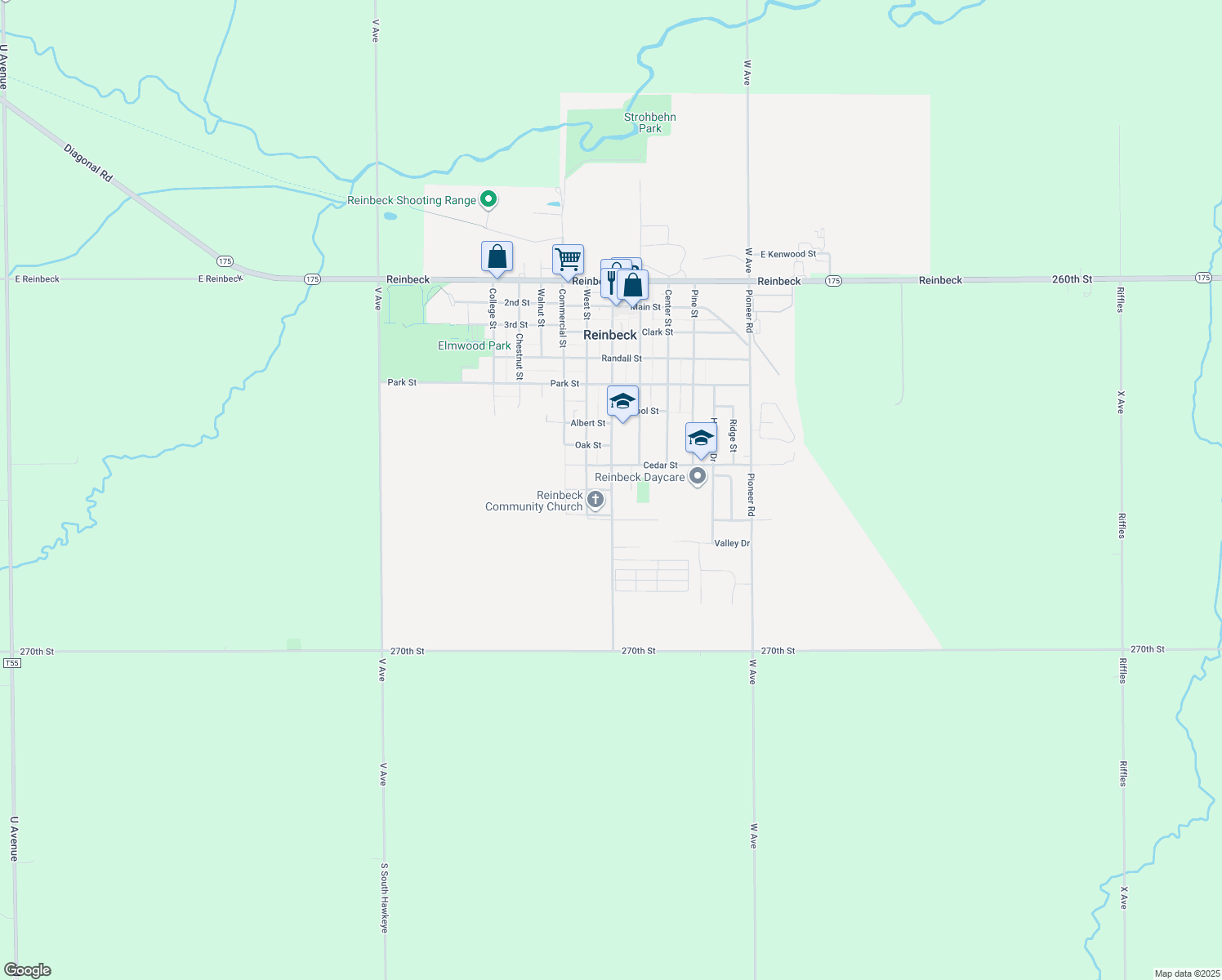 map of restaurants, bars, coffee shops, grocery stores, and more near 899 Blackhawk Street in Reinbeck