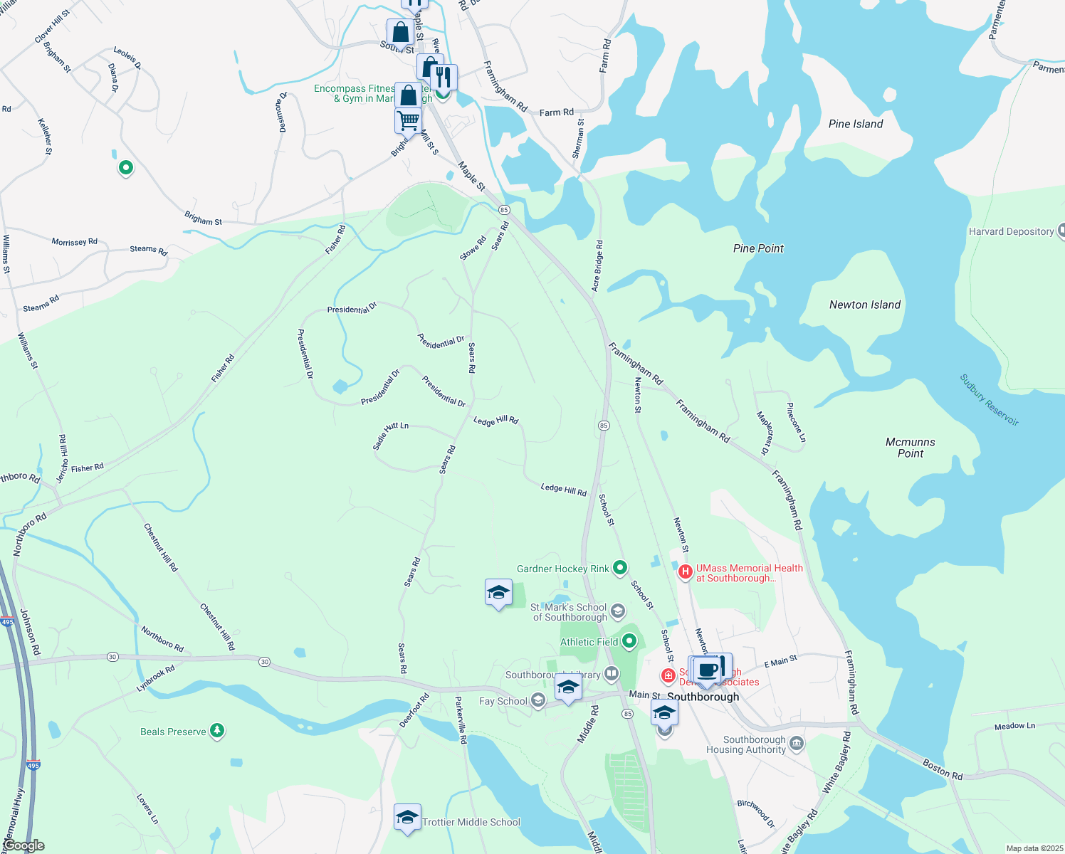 map of restaurants, bars, coffee shops, grocery stores, and more near 21 Ledge Hill Road in Southborough
