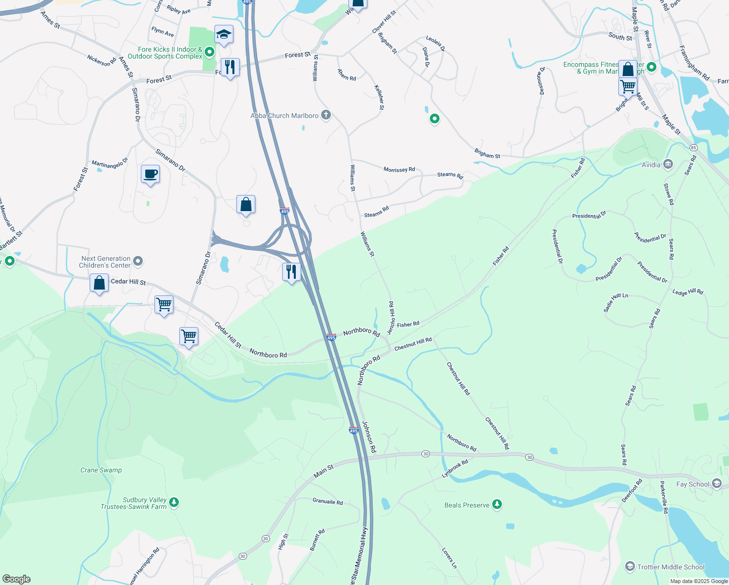 map of restaurants, bars, coffee shops, grocery stores, and more near 26 Jericho Hill Road in Southborough