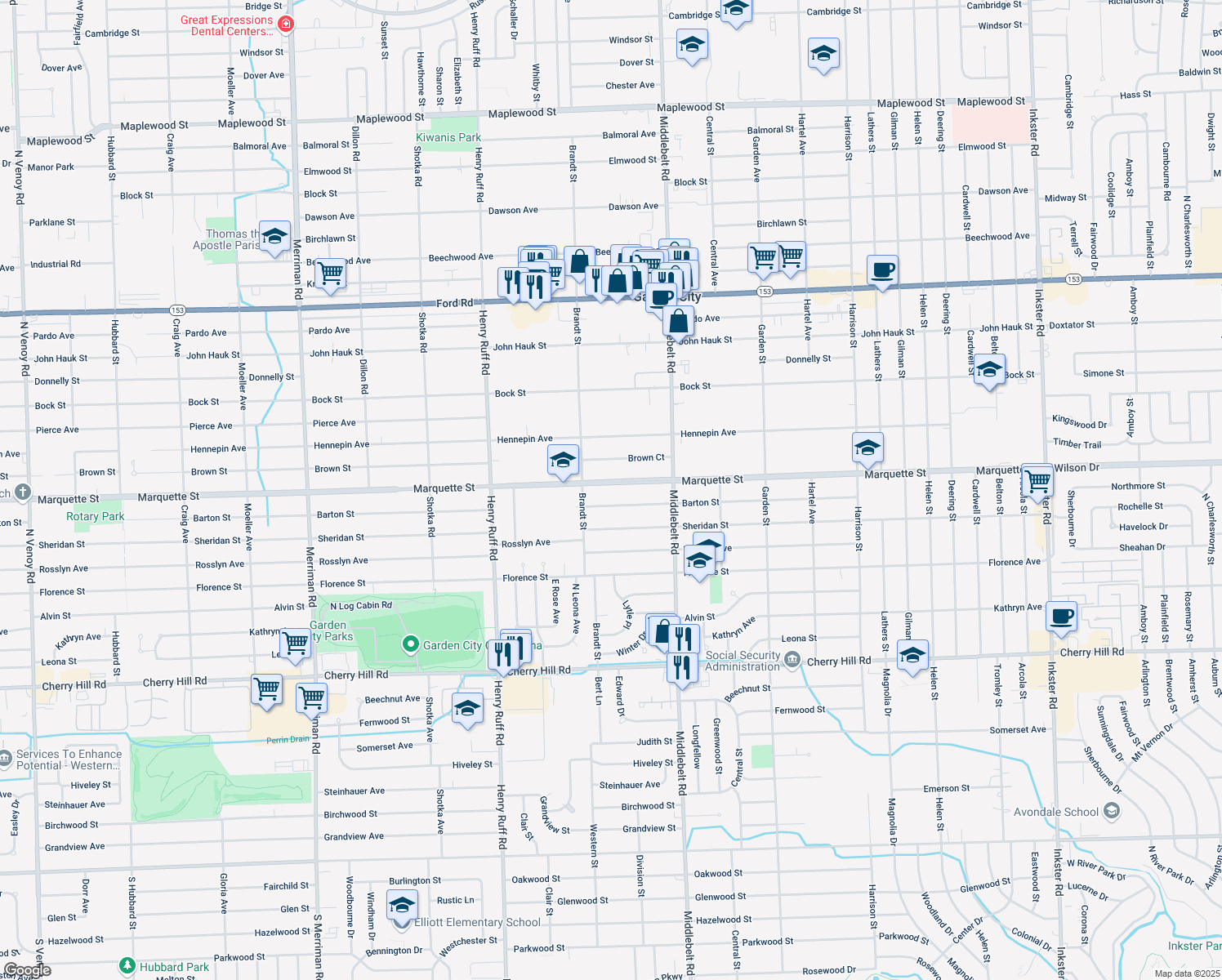 map of restaurants, bars, coffee shops, grocery stores, and more near 29669 Marquette Street in Garden City