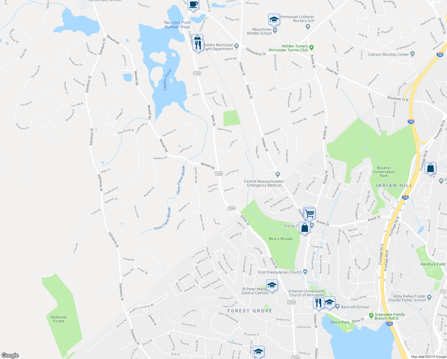 map of restaurants, bars, coffee shops, grocery stores, and more near 122 Main Street in Holden