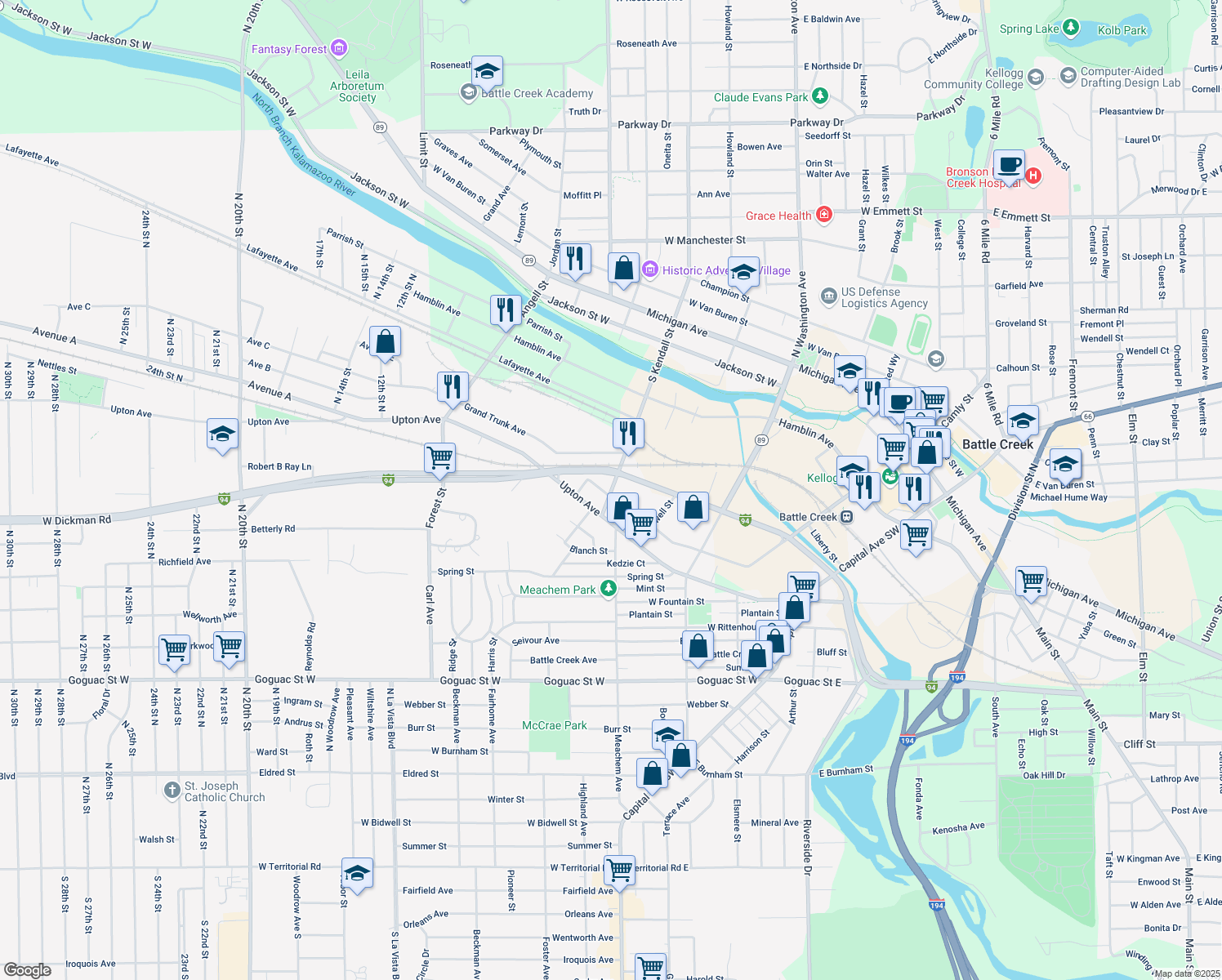 map of restaurants, bars, coffee shops, grocery stores, and more near 216 South Kendall Street in Battle Creek