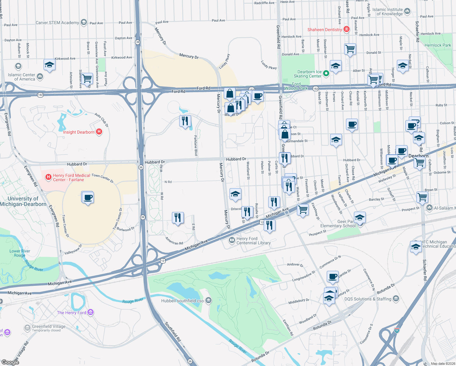 map of restaurants, bars, coffee shops, grocery stores, and more near 4711 Maddie Lane in Dearborn