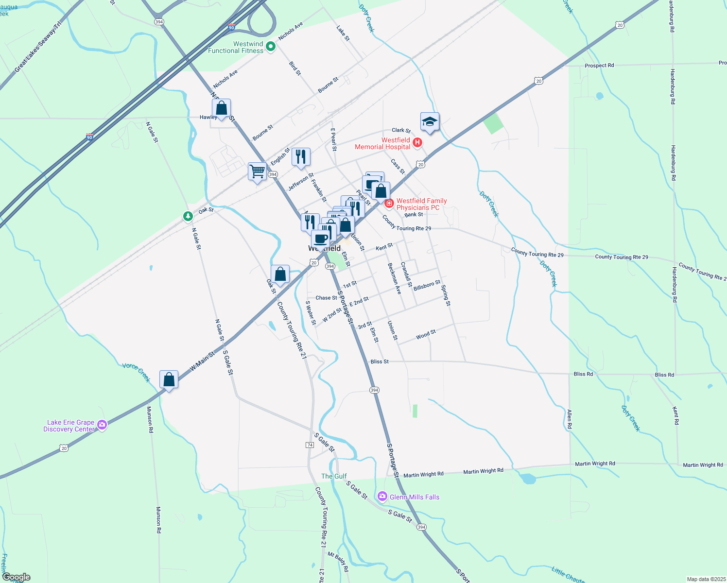 map of restaurants, bars, coffee shops, grocery stores, and more near 67 Elm Street in Westfield