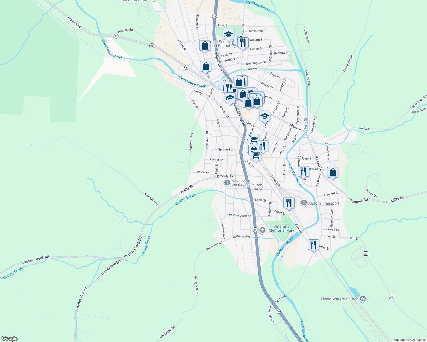 map of restaurants, bars, coffee shops, grocery stores, and more near 259 High St in Hornell