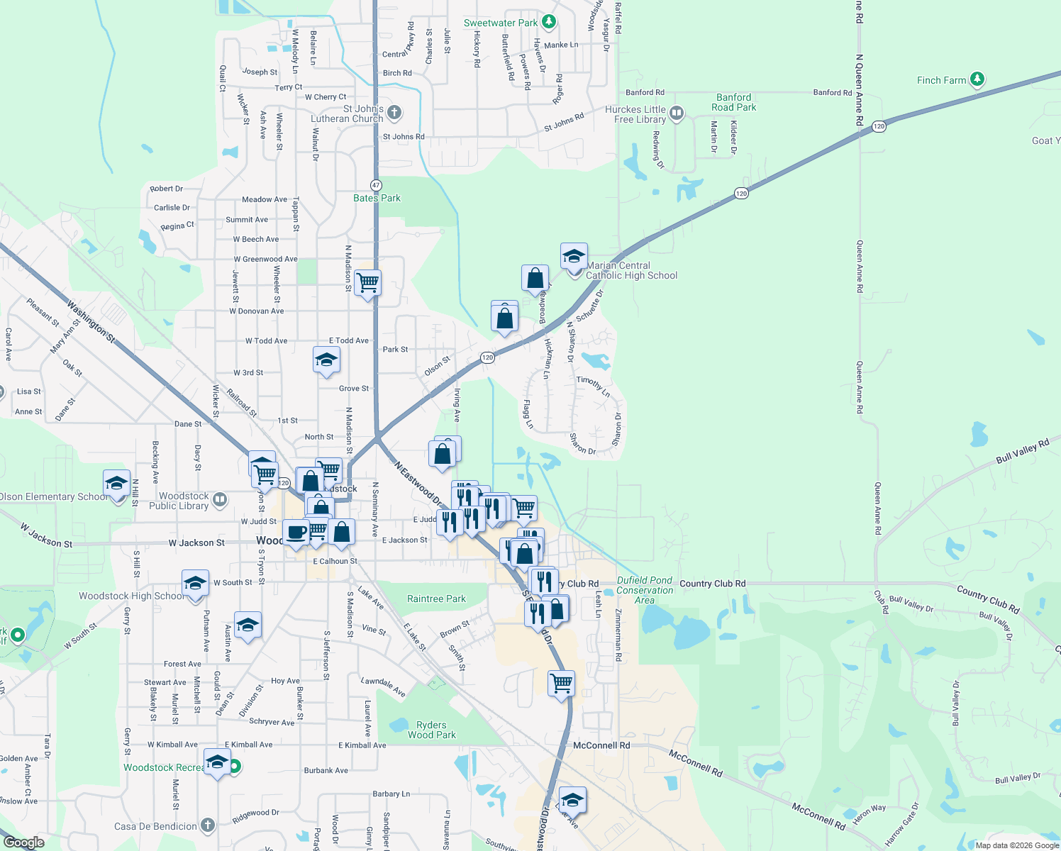 map of restaurants, bars, coffee shops, grocery stores, and more near 711 Flagg Lane in Woodstock