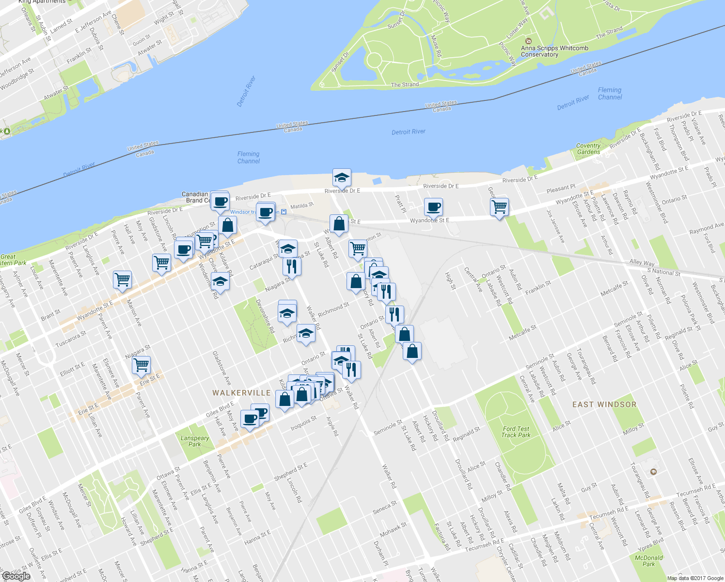 map of restaurants, bars, coffee shops, grocery stores, and more near 1092 Albert Road in Windsor