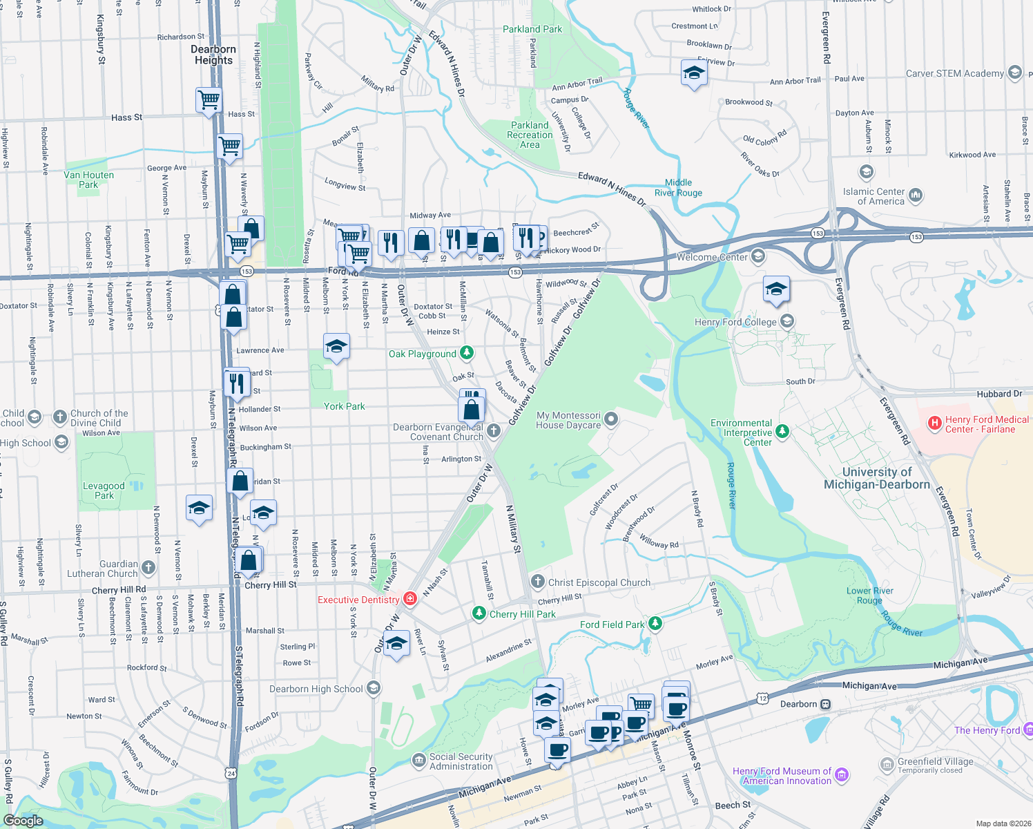 map of restaurants, bars, coffee shops, grocery stores, and more near 1141 Golfview Drive in Dearborn
