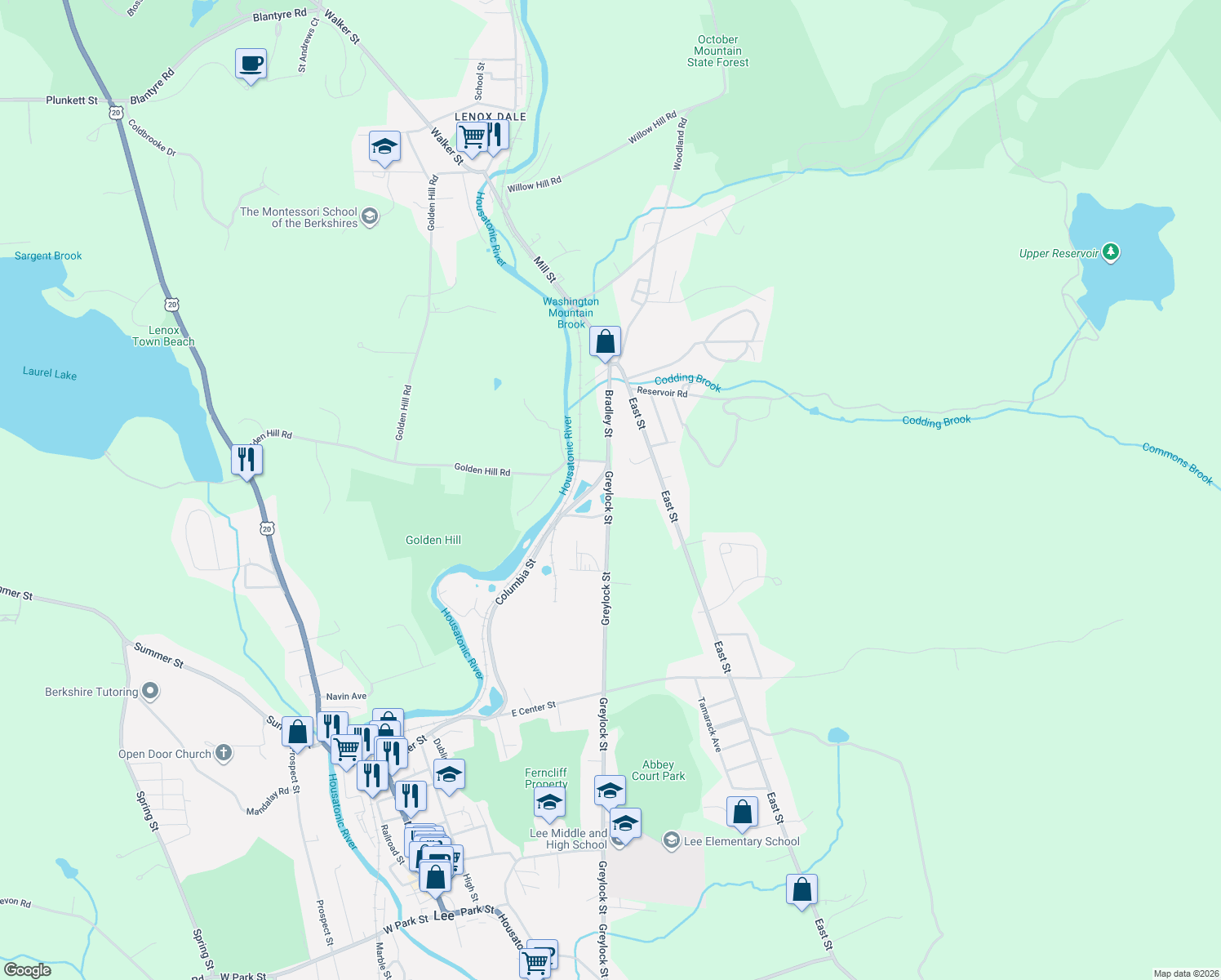 map of restaurants, bars, coffee shops, grocery stores, and more near 766 Greylock Street in Lee