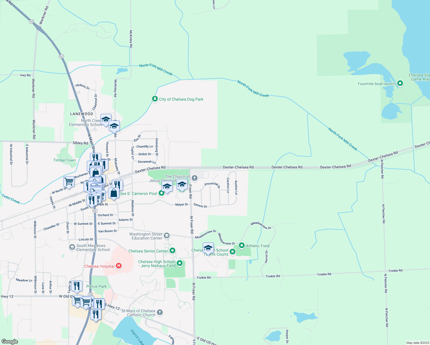 map of restaurants, bars, coffee shops, grocery stores, and more near 1431 Kimlee Court in Chelsea