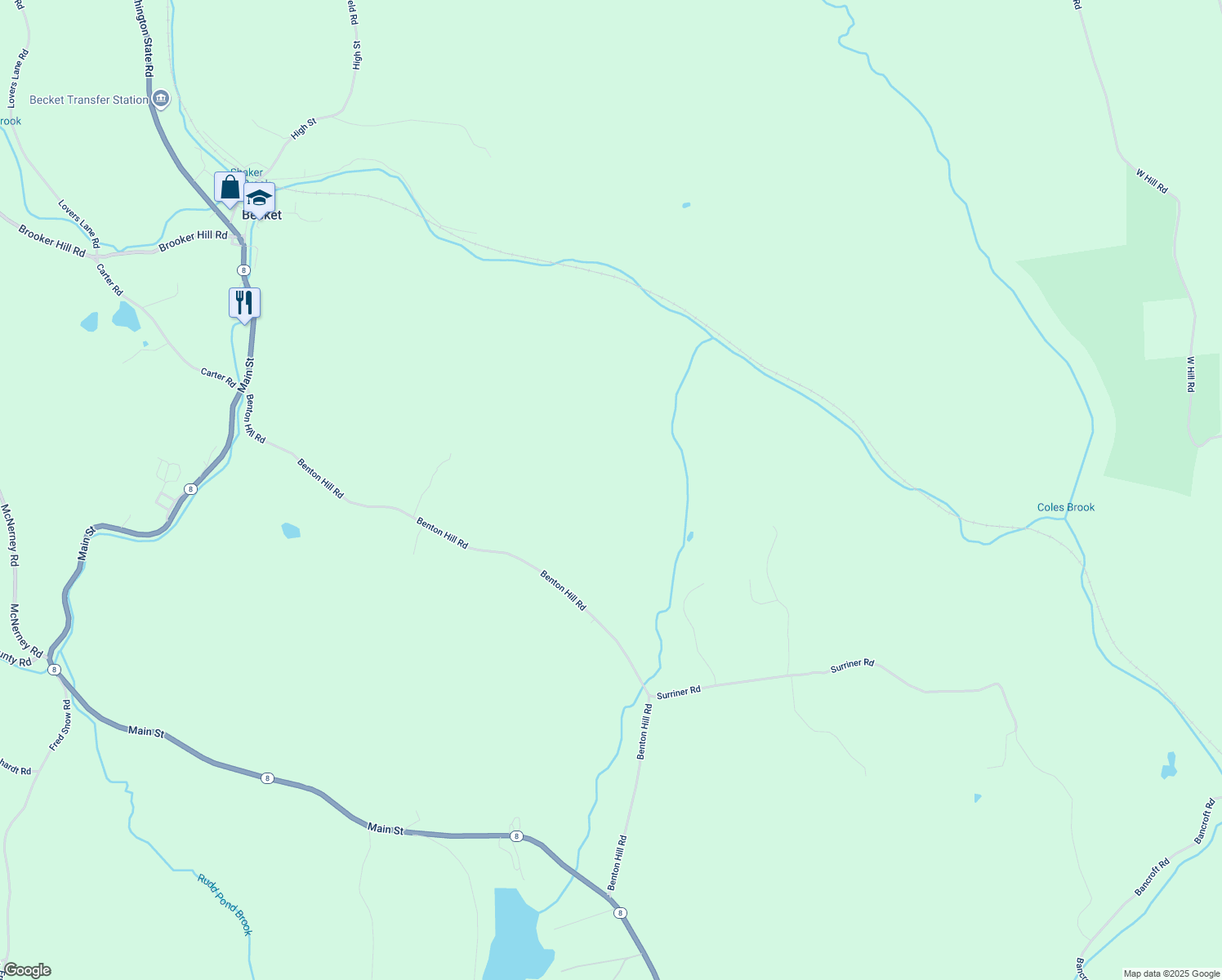map of restaurants, bars, coffee shops, grocery stores, and more near 36-38 Benton Hill Road in Becket