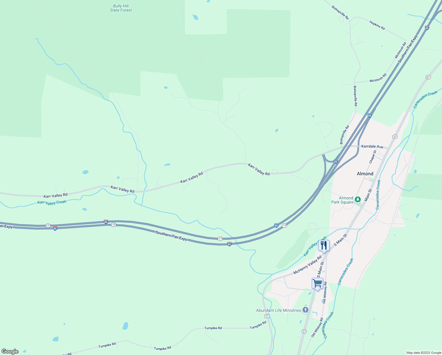 map of restaurants, bars, coffee shops, grocery stores, and more near 621 County Road 2 in Almond