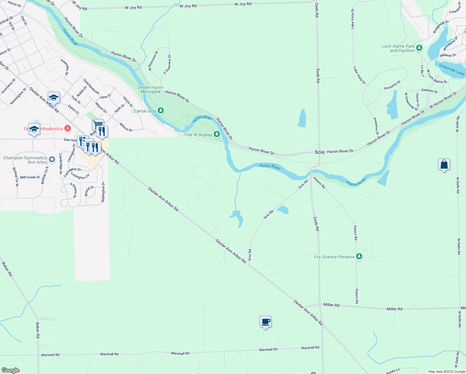 map of restaurants, bars, coffee shops, grocery stores, and more near 2500 Morrison Road in Dexter