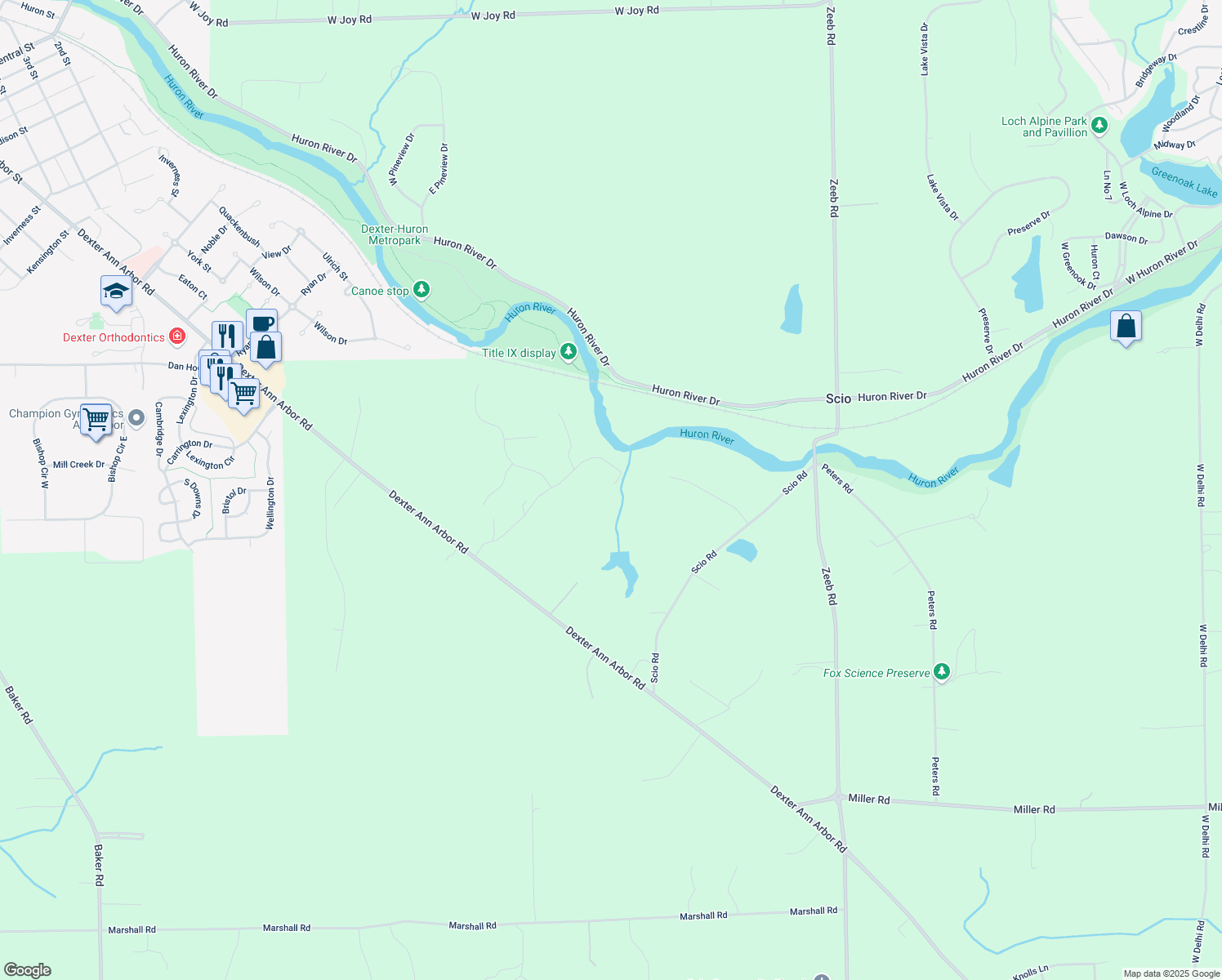 map of restaurants, bars, coffee shops, grocery stores, and more near 2500 Morrison Road in Dexter