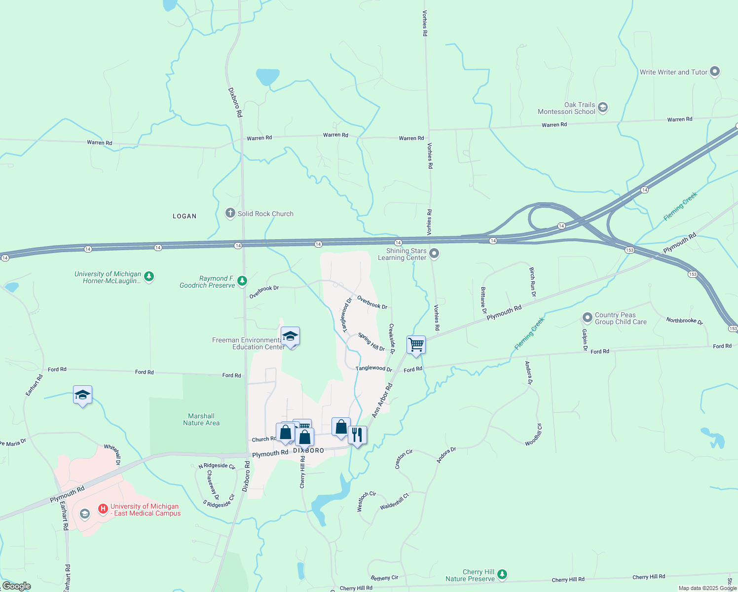 map of restaurants, bars, coffee shops, grocery stores, and more near 5619 Overbrook Drive in Ann Arbor