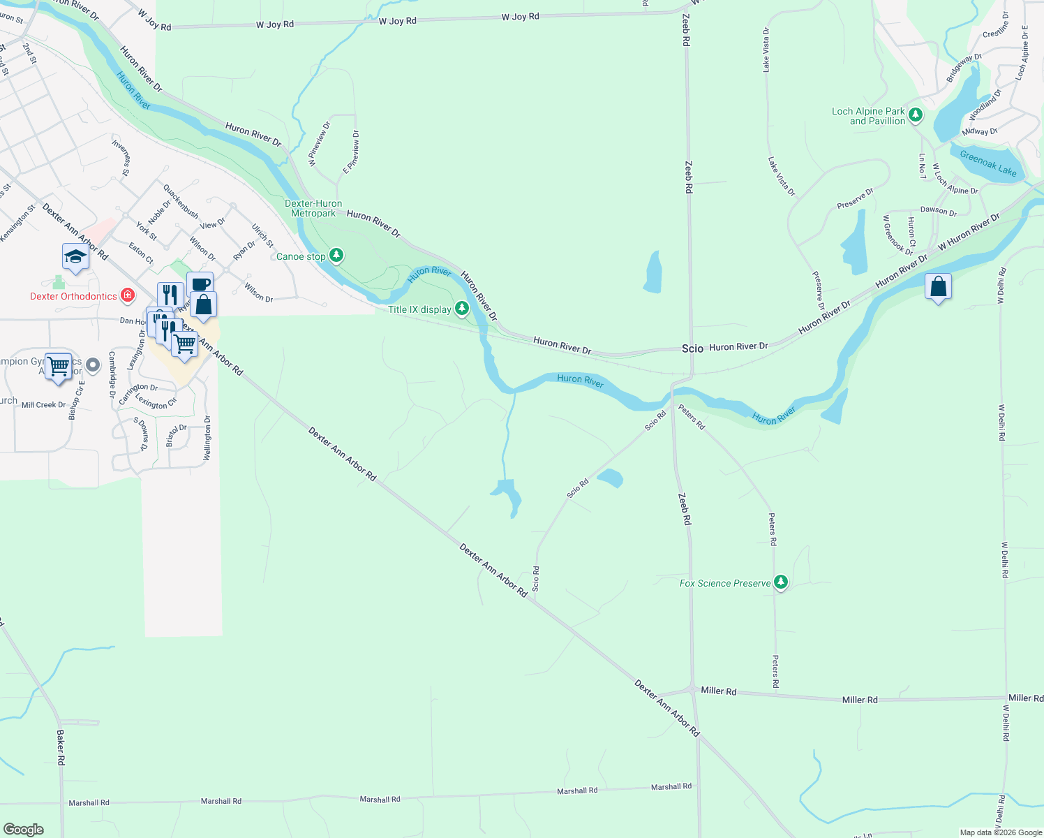 map of restaurants, bars, coffee shops, grocery stores, and more near 2555 Scio Rd in Dexter