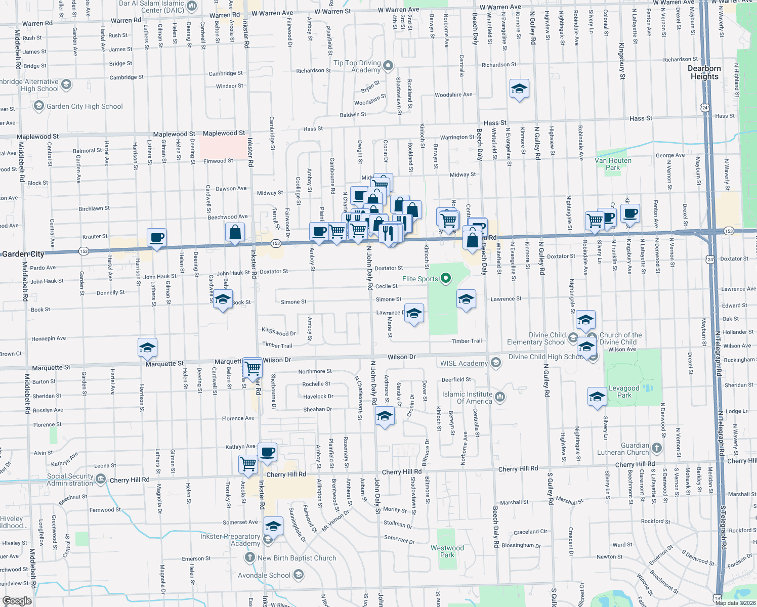 map of restaurants, bars, coffee shops, grocery stores, and more near 26425 Simone St in Dearborn Heights