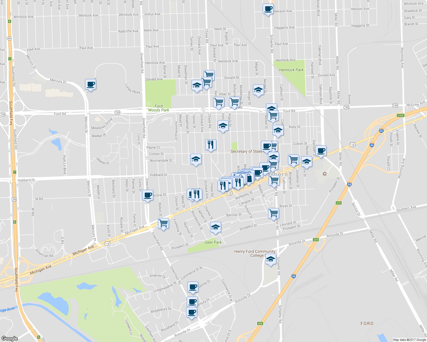 map of restaurants, bars, coffee shops, grocery stores, and more near 4852 Chase Road in Dearborn