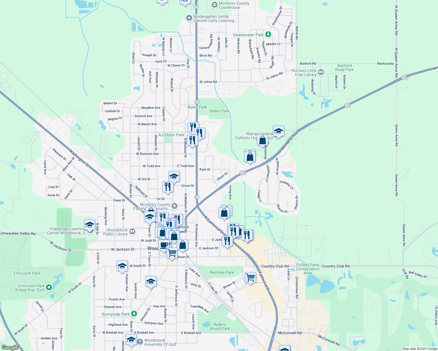 map of restaurants, bars, coffee shops, grocery stores, and more near 803 Marvel Avenue in Woodstock