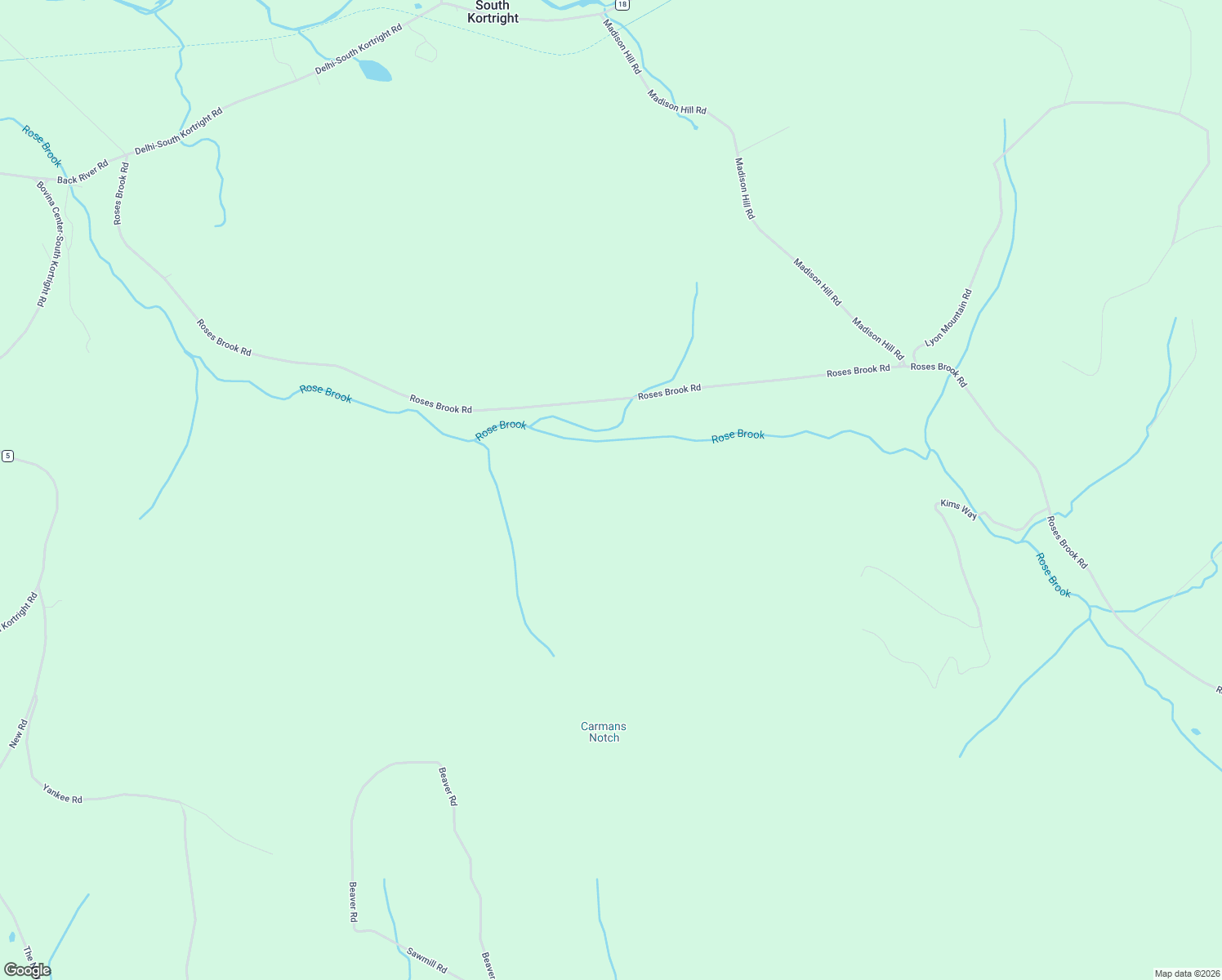 map of restaurants, bars, coffee shops, grocery stores, and more near 1780 Roses Brook Road in South Kortright