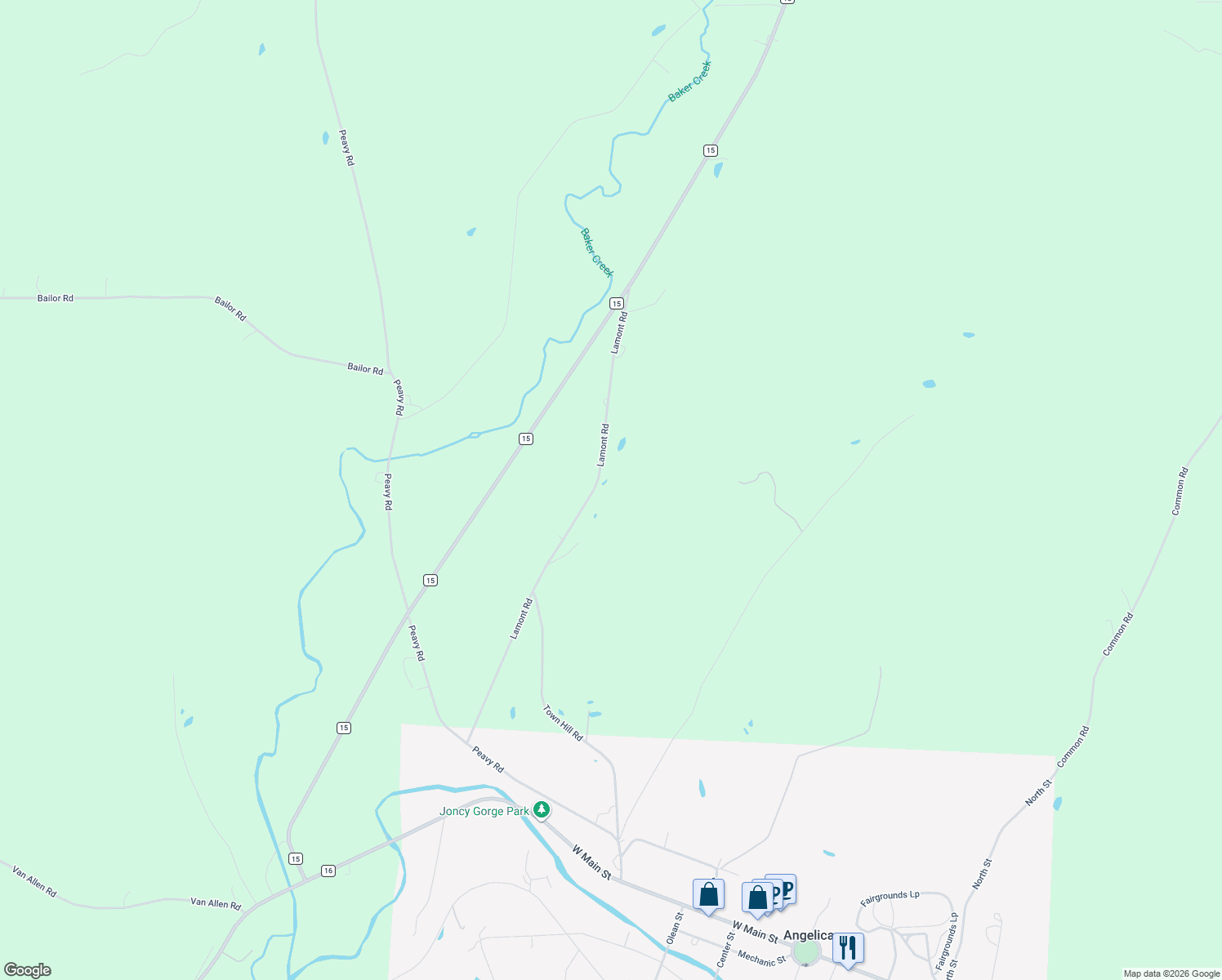 map of restaurants, bars, coffee shops, grocery stores, and more near 7474 Lamont Road in Angelica