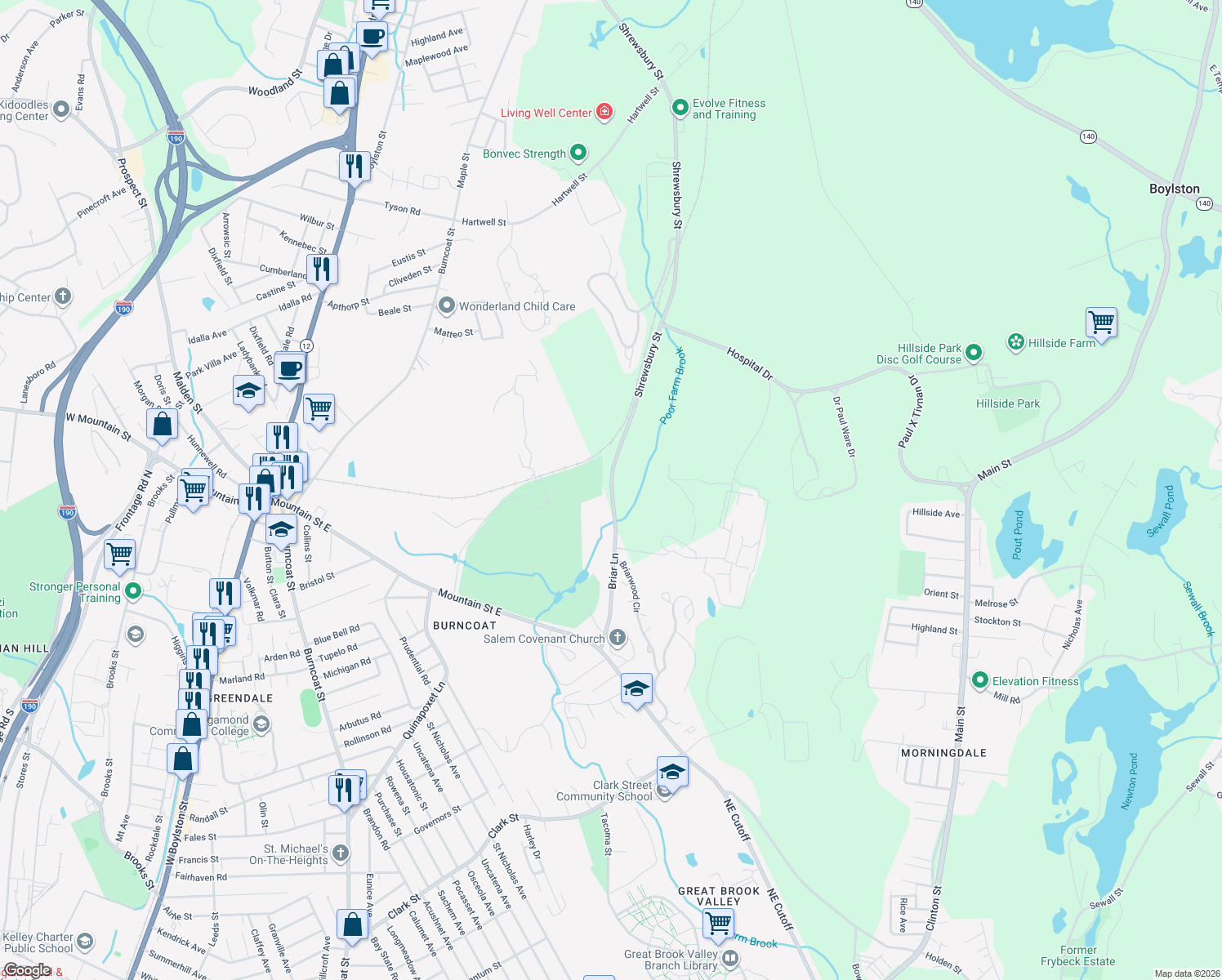 map of restaurants, bars, coffee shops, grocery stores, and more near 398 Shrewsbury Street in West Boylston