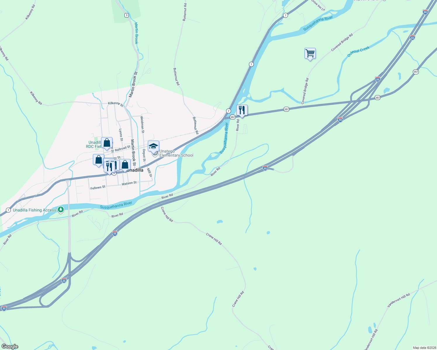 map of restaurants, bars, coffee shops, grocery stores, and more near 2202 River Rd in Sidney Center