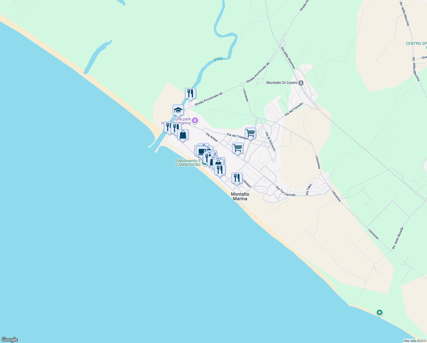 map of restaurants, bars, coffee shops, grocery stores, and more near 109 Lungomare Harmine in Montalto Marina