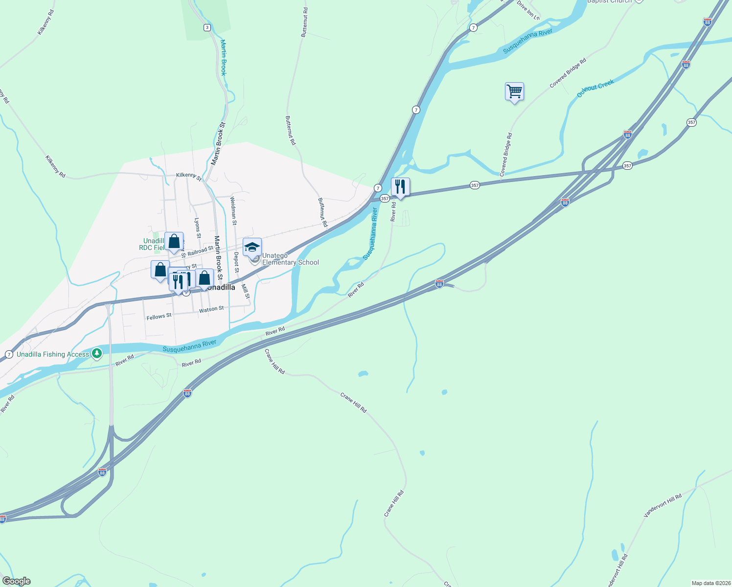 map of restaurants, bars, coffee shops, grocery stores, and more near 2202 River Rd in Sidney Center
