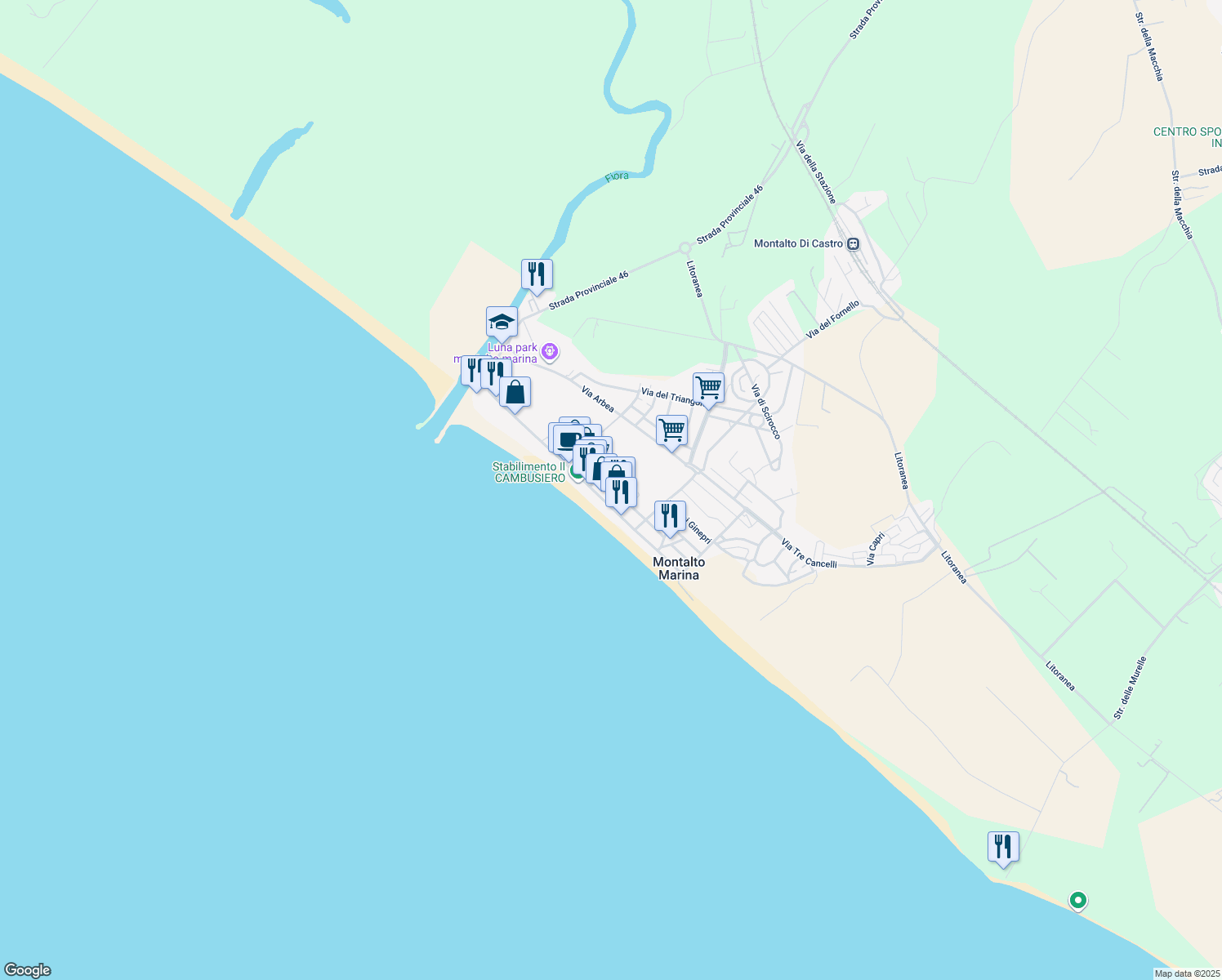 map of restaurants, bars, coffee shops, grocery stores, and more near 38 Via Tevere in Montalto Marina
