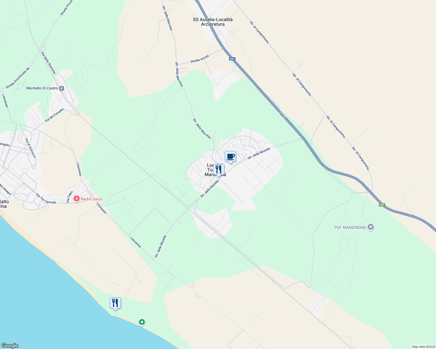 map of restaurants, bars, coffee shops, grocery stores, and more near 21 Strada della Macchia in Località Torre di Maremma