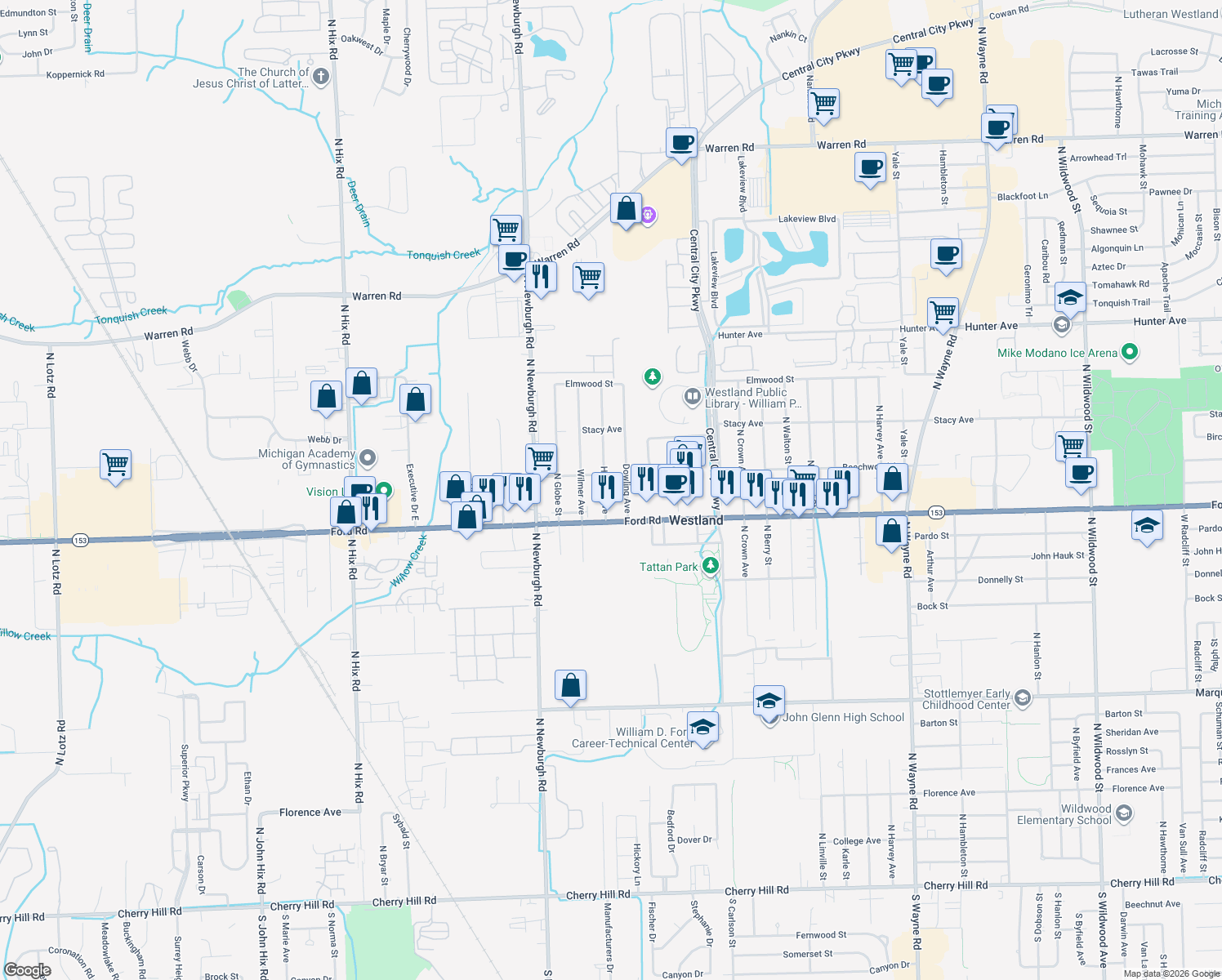 map of restaurants, bars, coffee shops, grocery stores, and more near 5746 Herbert Street in Westland