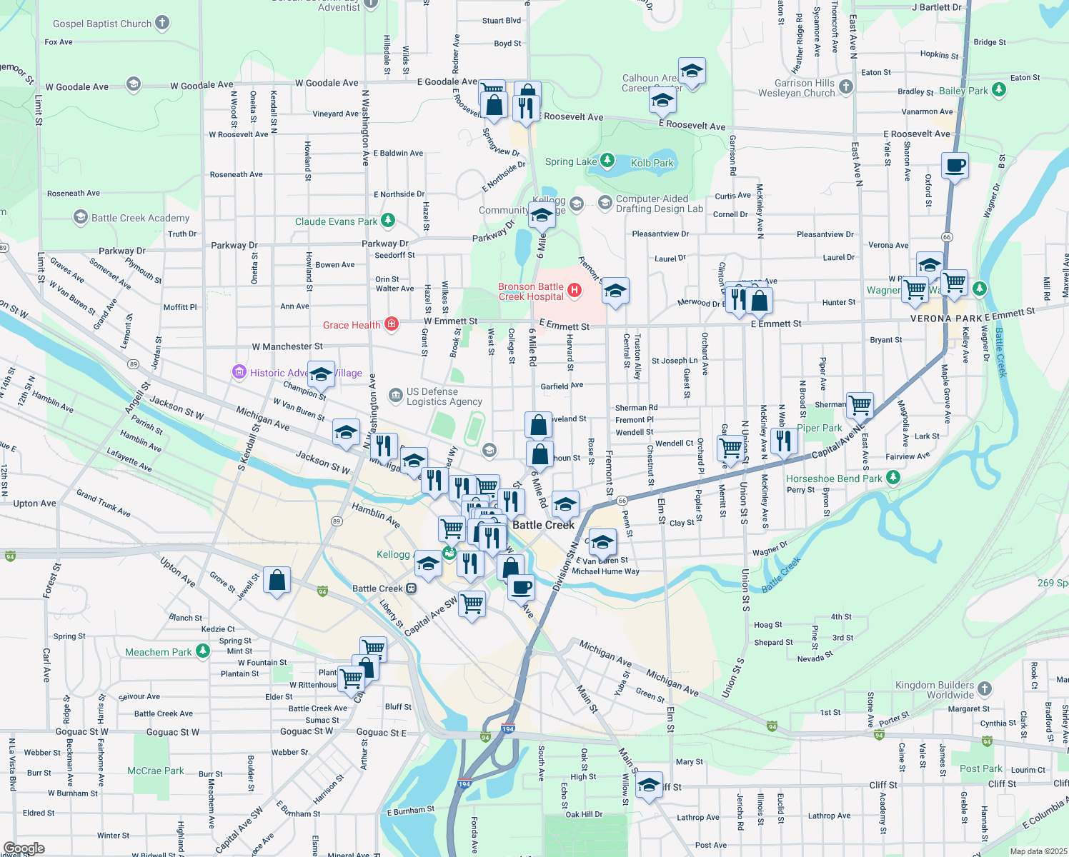 map of restaurants, bars, coffee shops, grocery stores, and more near 139 North Avenue in Battle Creek