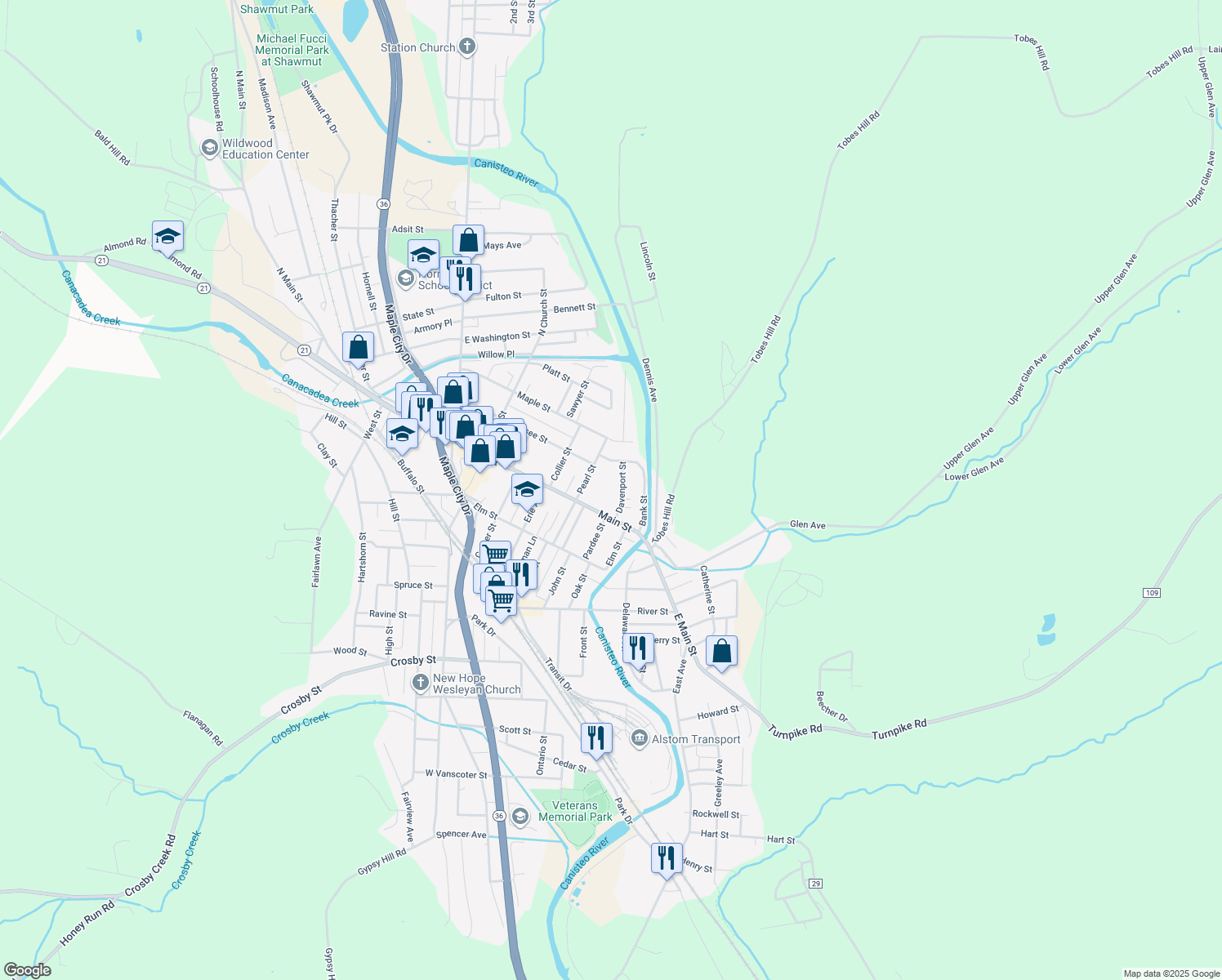 map of restaurants, bars, coffee shops, grocery stores, and more near 26 Davenport St in Hornell