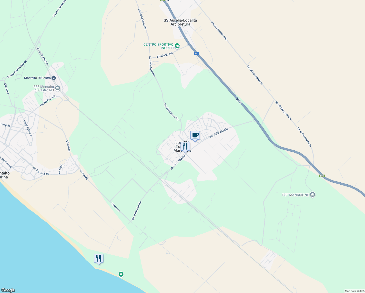 map of restaurants, bars, coffee shops, grocery stores, and more near 21 Strada della Macchia in Località Torre di Maremma