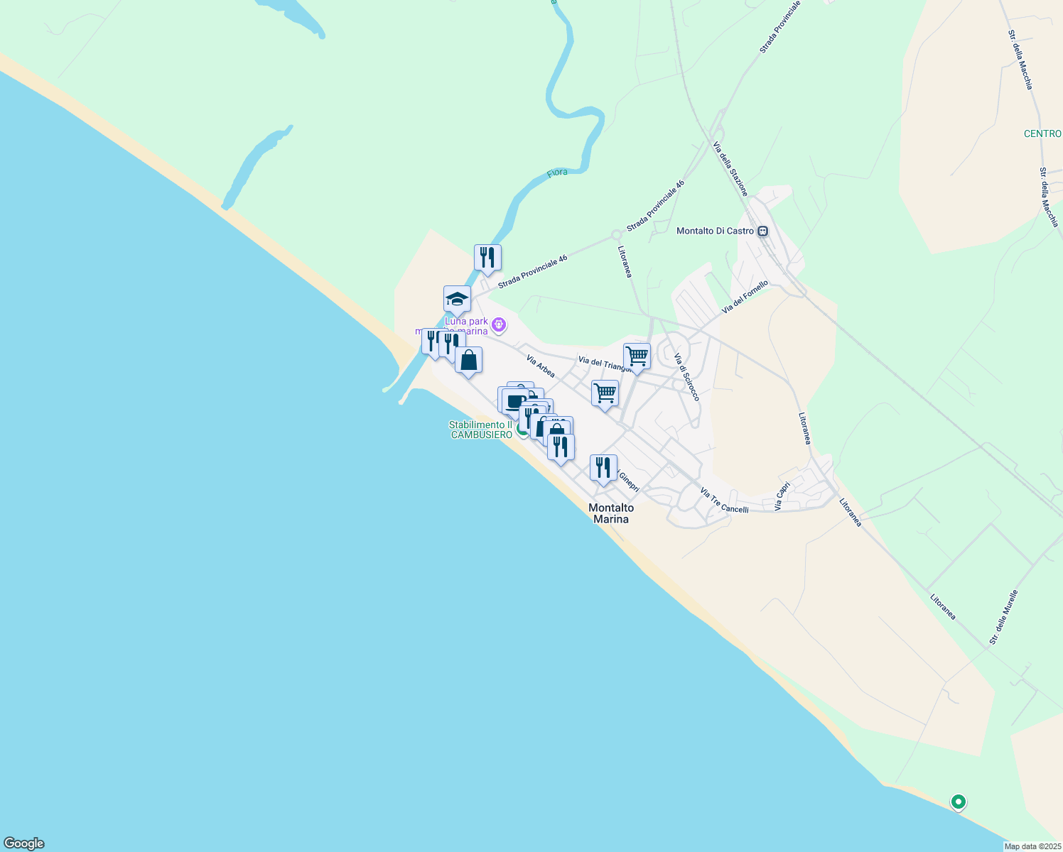 map of restaurants, bars, coffee shops, grocery stores, and more near 109 Lungomare Harmine in Montalto Marina