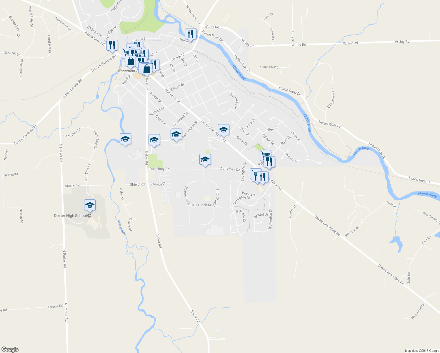 map of restaurants, bars, coffee shops, grocery stores, and more near 2500 Bishop Circle East in Dexter