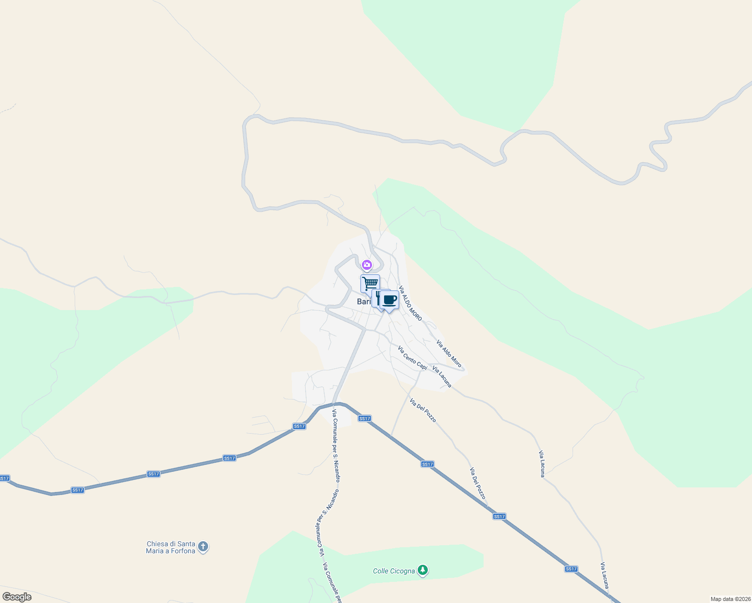 map of restaurants, bars, coffee shops, grocery stores, and more near in Barisciano
