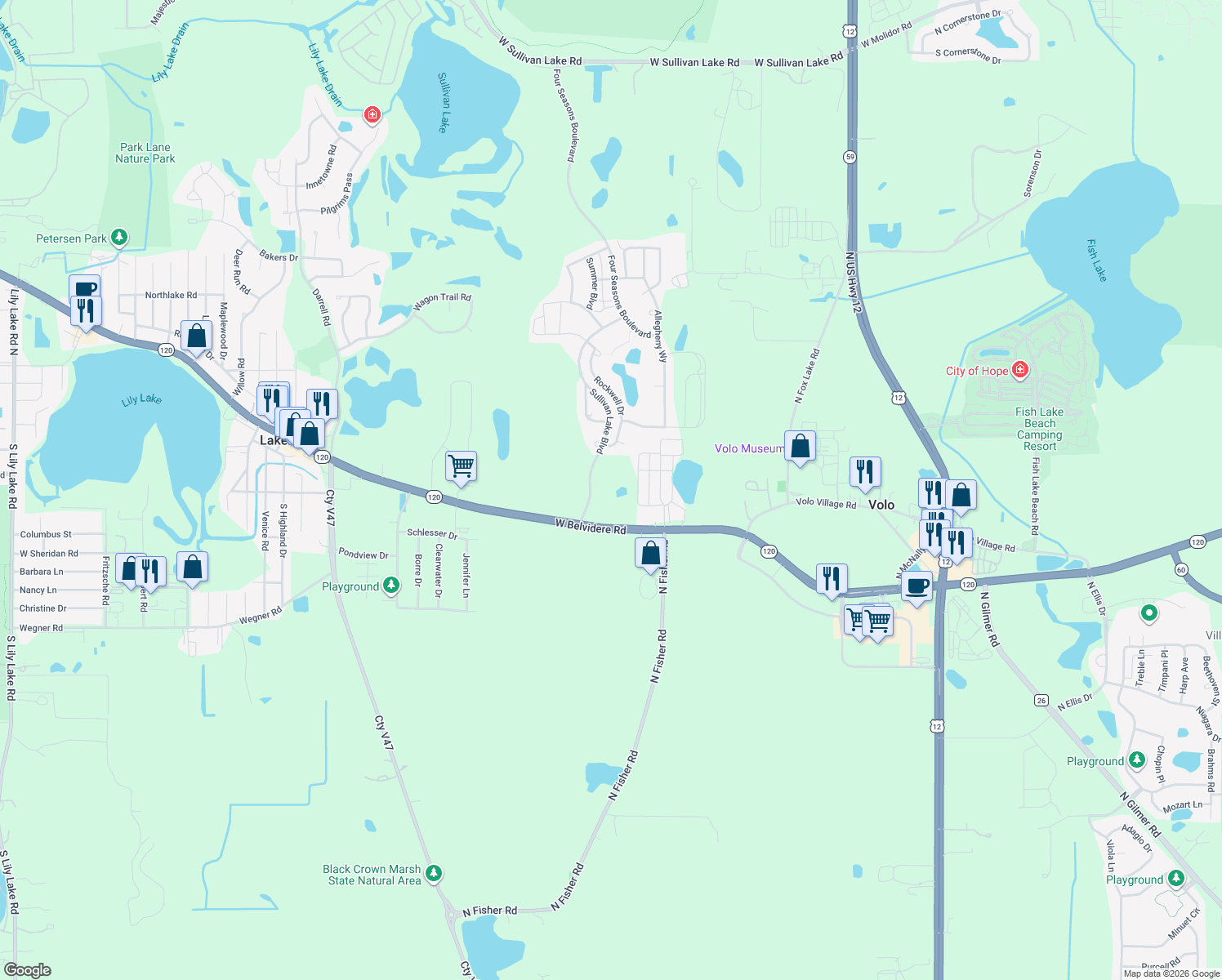 map of restaurants, bars, coffee shops, grocery stores, and more near 32048 Rockwell Drive in Lakemoor