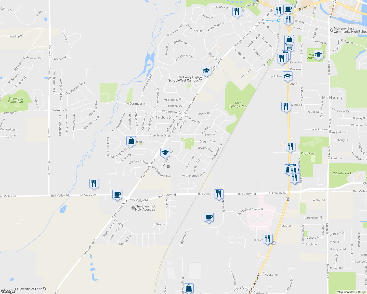 map of restaurants, bars, coffee shops, grocery stores, and more near 210 Barnwood Trail in McHenry