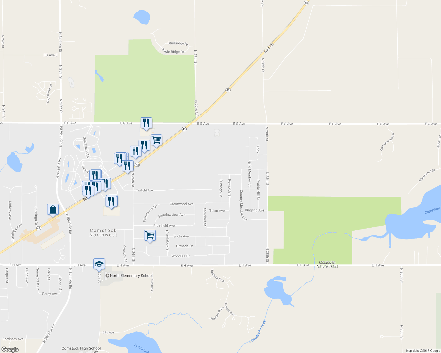 map of restaurants, bars, coffee shops, grocery stores, and more near 4253 Durango Street in Kalamazoo