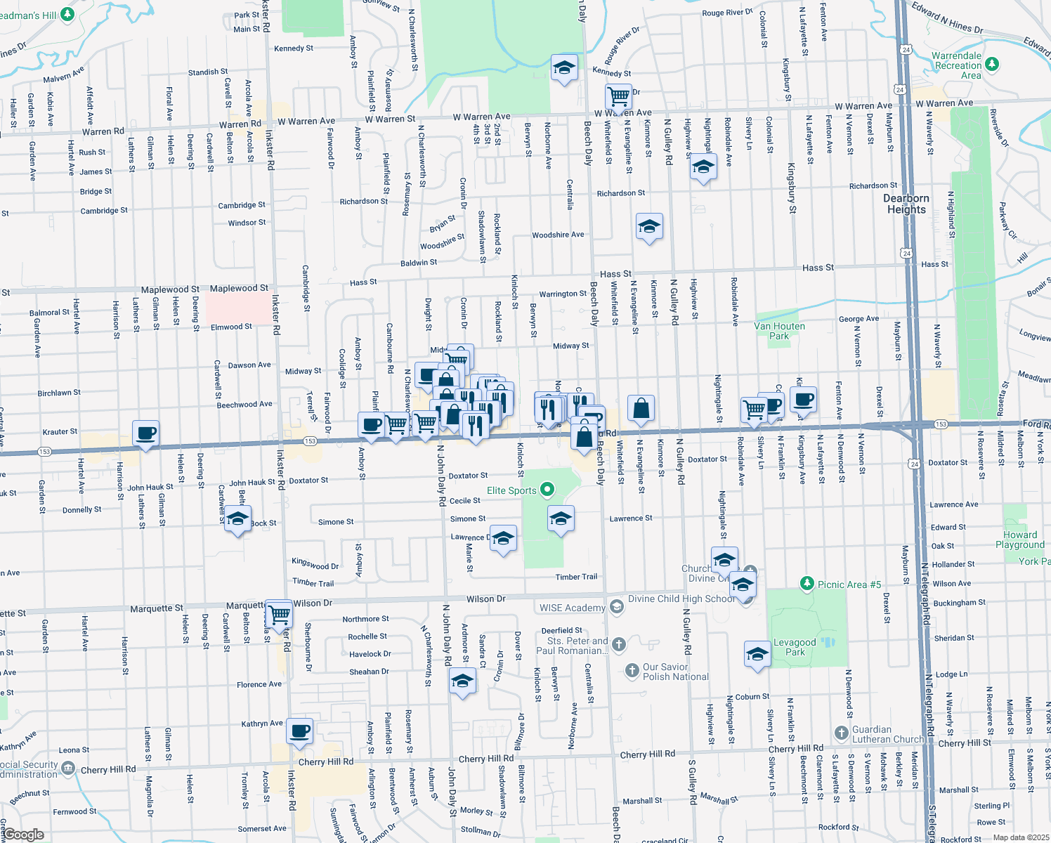 map of restaurants, bars, coffee shops, grocery stores, and more near 5636 Kinloch Street in Dearborn Heights