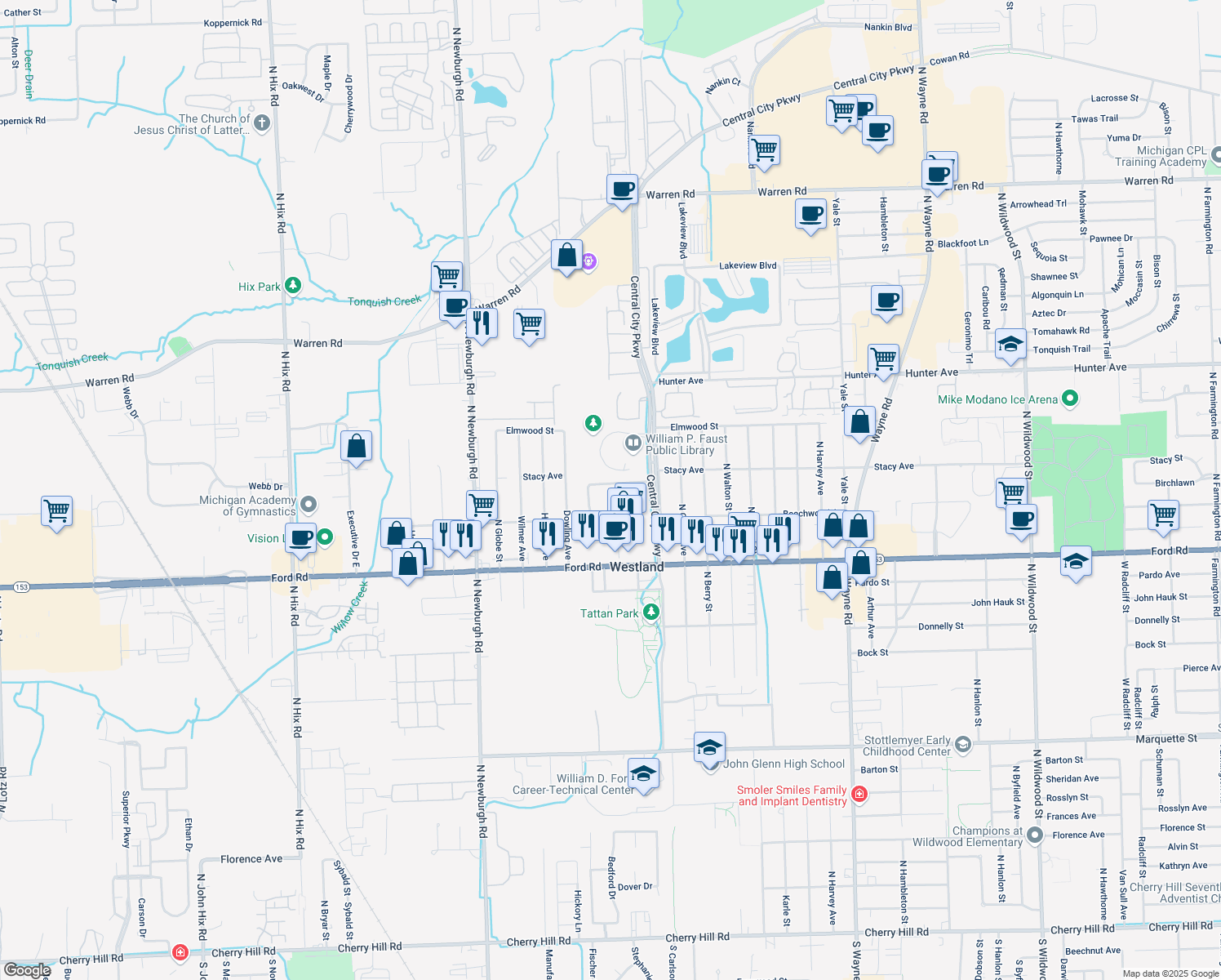 map of restaurants, bars, coffee shops, grocery stores, and more near 36581 Newberry Estates Drive in Westland
