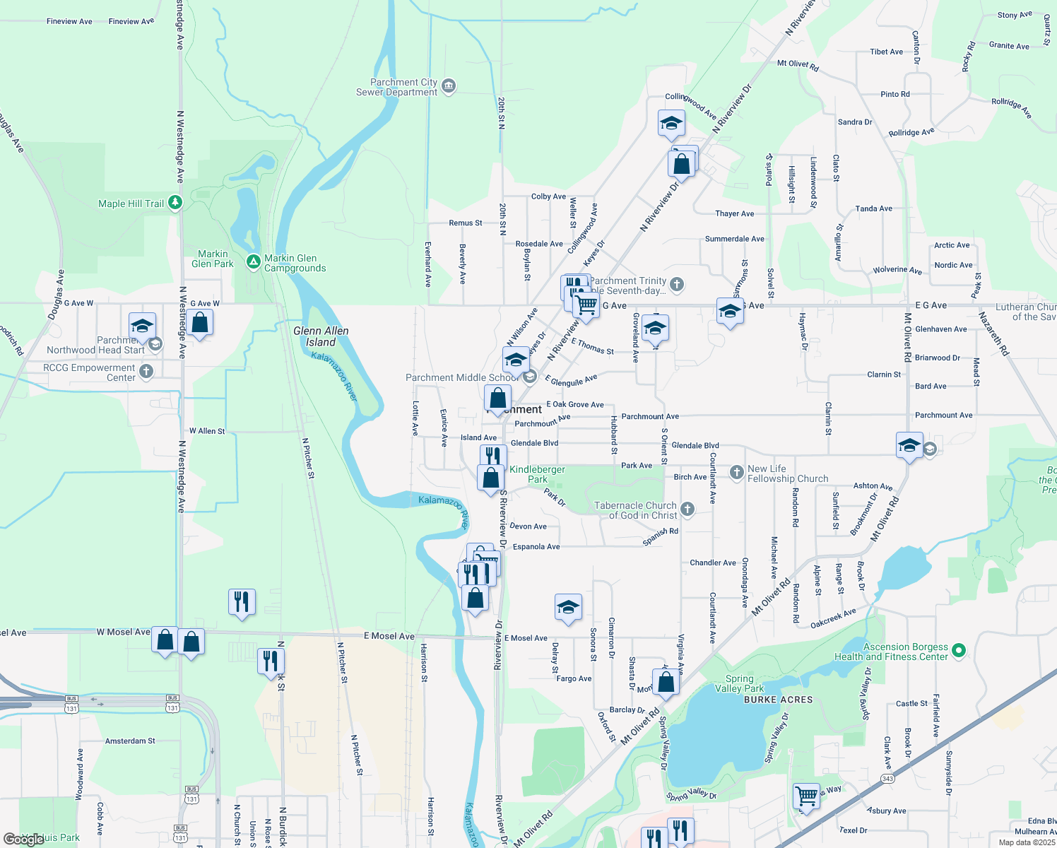 map of restaurants, bars, coffee shops, grocery stores, and more near 100 Maple Street in Parchment