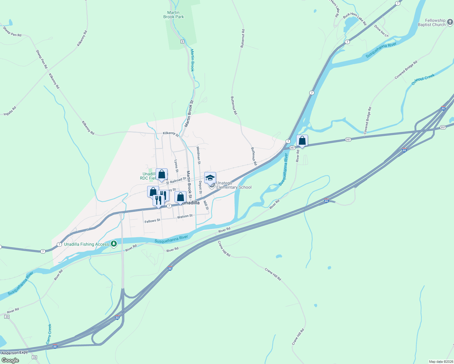map of restaurants, bars, coffee shops, grocery stores, and more near 298 Main St in Unadilla
