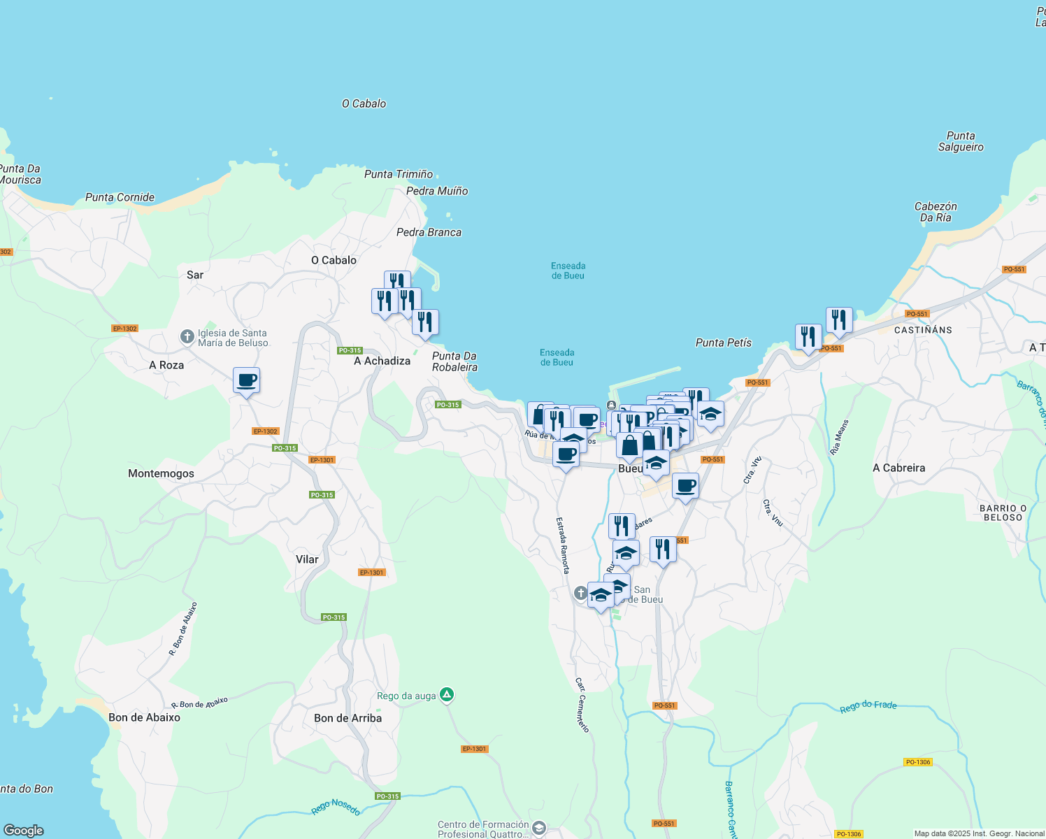 map of restaurants, bars, coffee shops, grocery stores, and more near in Pontevedra